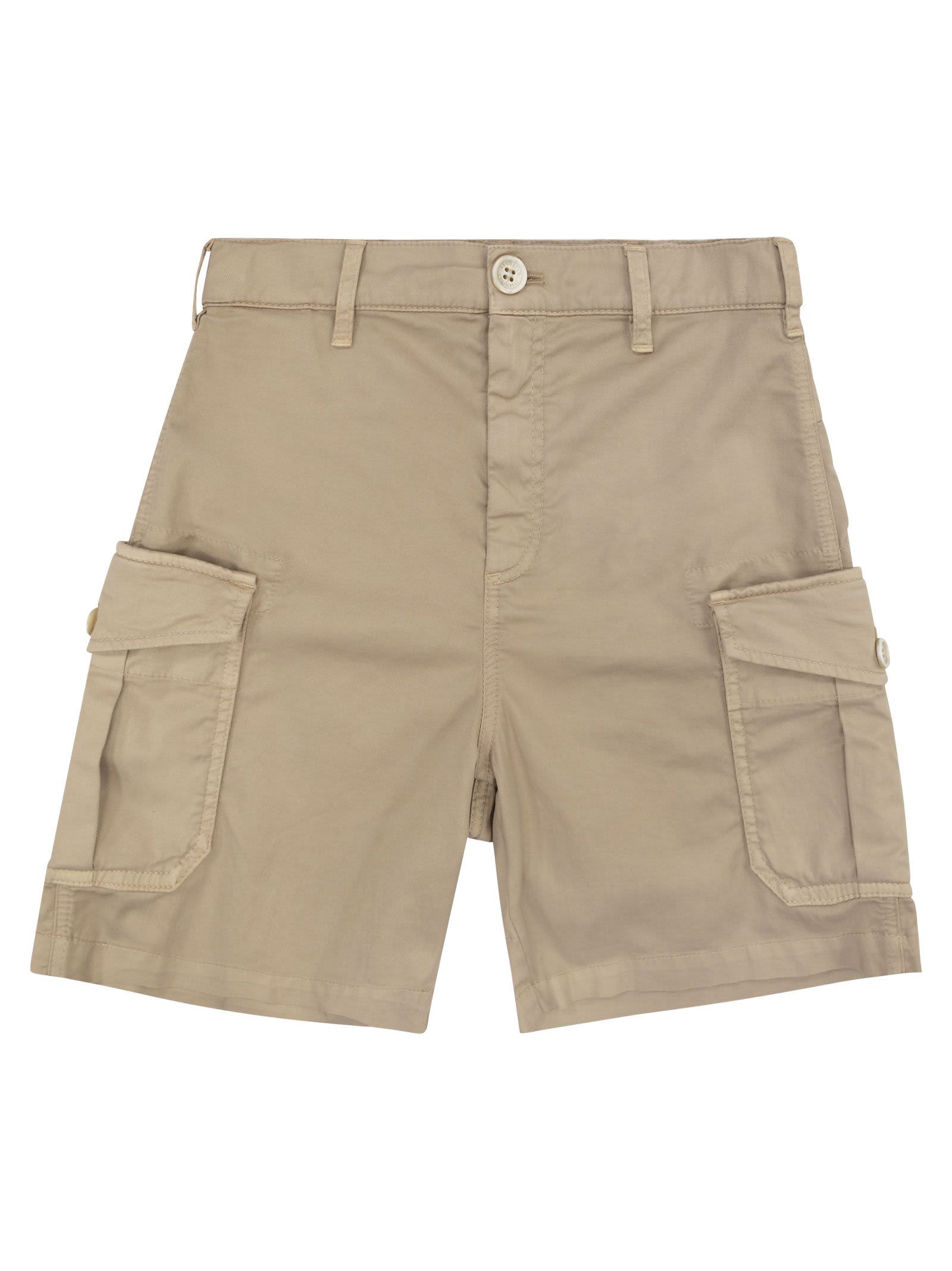 Brunello Cucinelli Kids' Garment-dyed American Pima Comfort Cotton Gabardine Bermuda Shorts With Cargo Pockets In Hazelnut