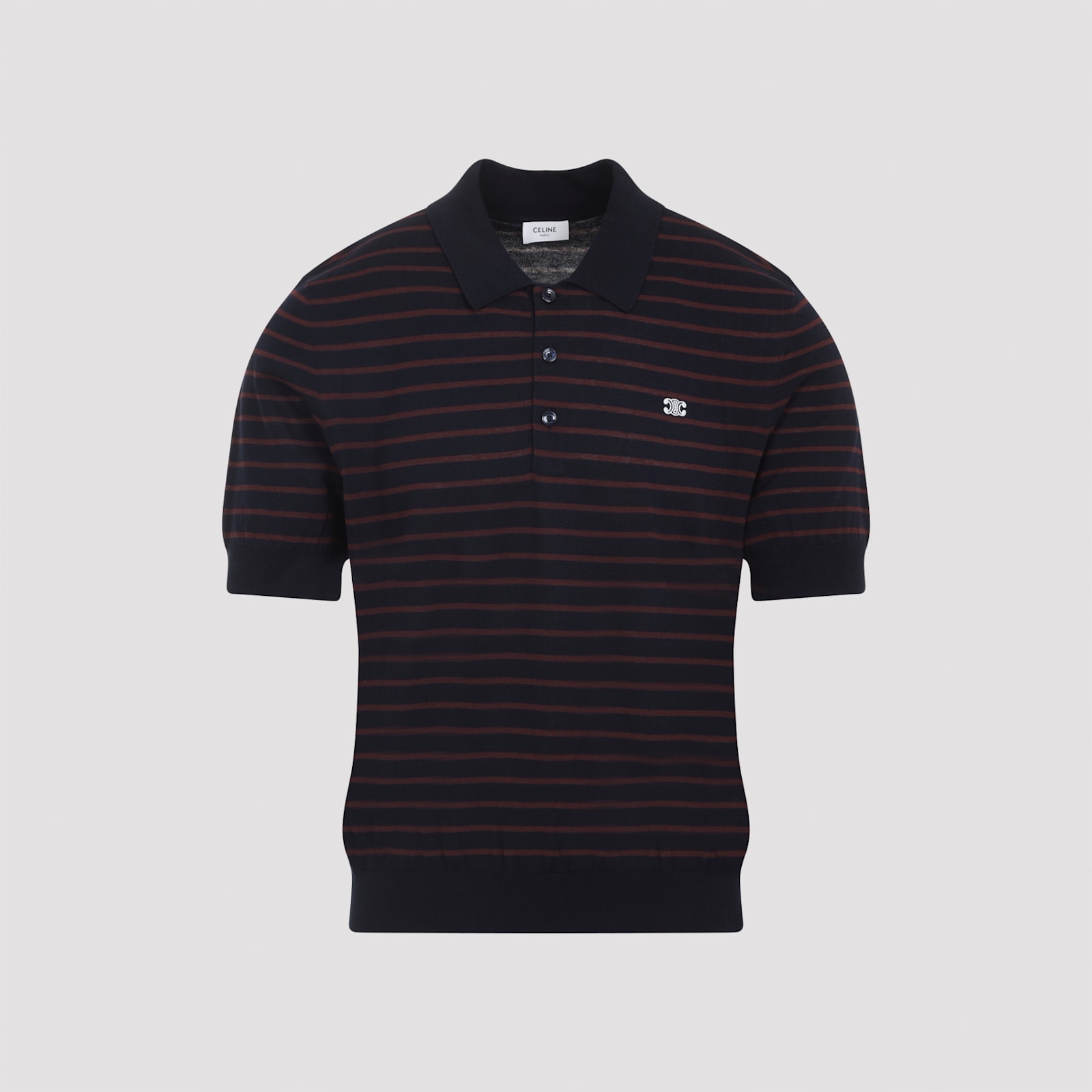 Celine Striped Short-sleeved Polo Sweater With Ribbed Hem In Black
