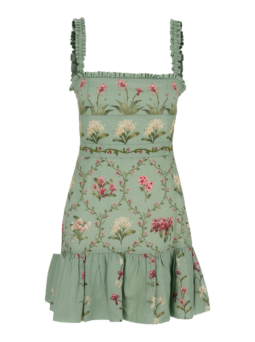 nieve Green Long Dress With All-over Floral Print In Linen Woman