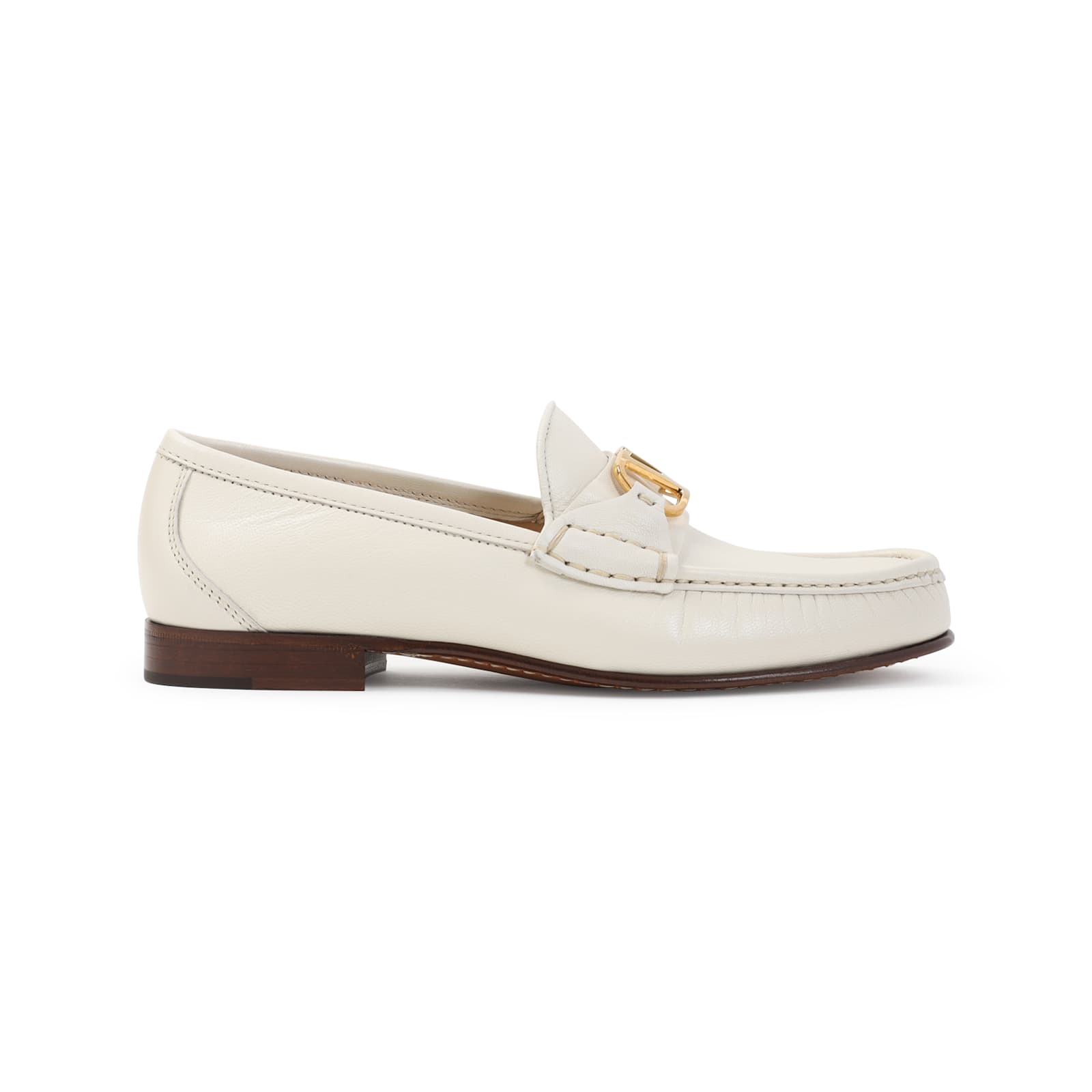 Valentino Ivory Leather Loafer With Golden Metal V Logo
