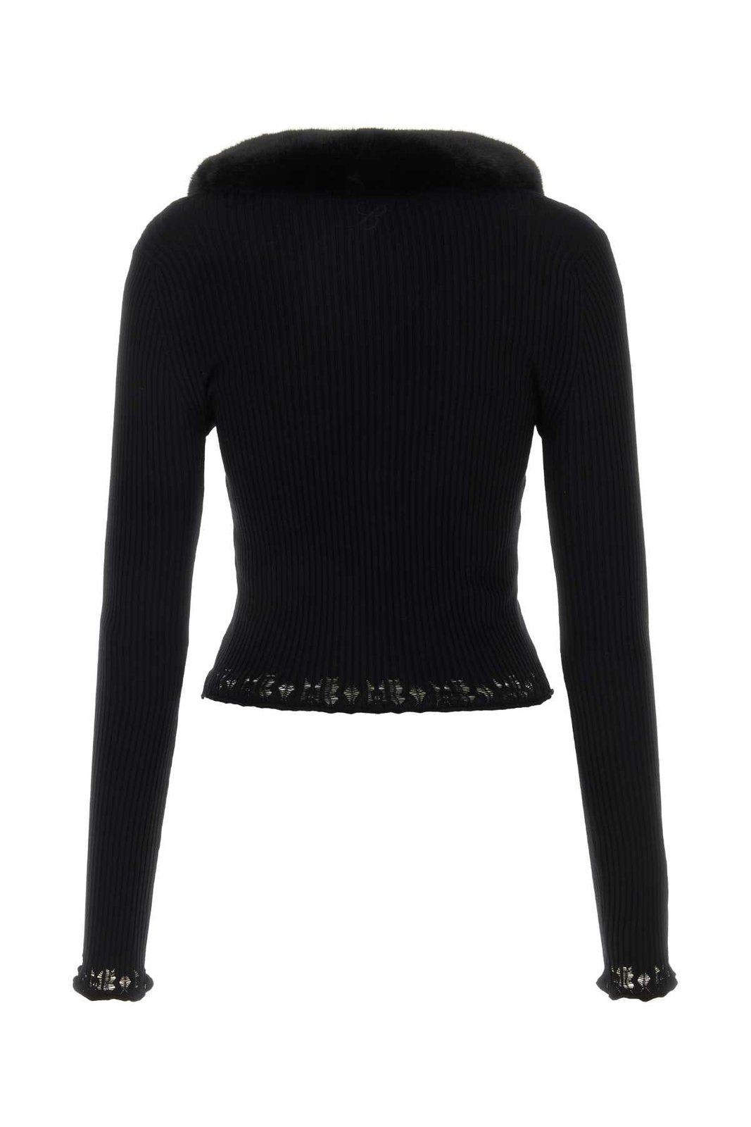 Shop Blumarine Faux Fur-collar Knitted Cardigan  In Black