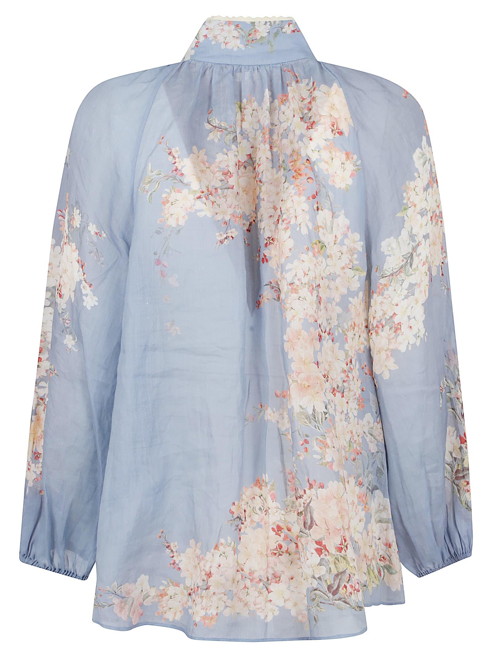 Zimmermann Cascadian Lace-trimmed Floral-print Ramie Blouse In Blue