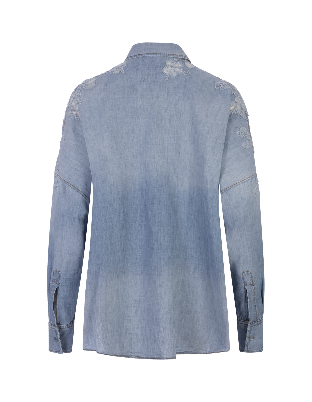 Shop Ermanno Scervino Blue Linen And Cotton Over Shirt With Lace