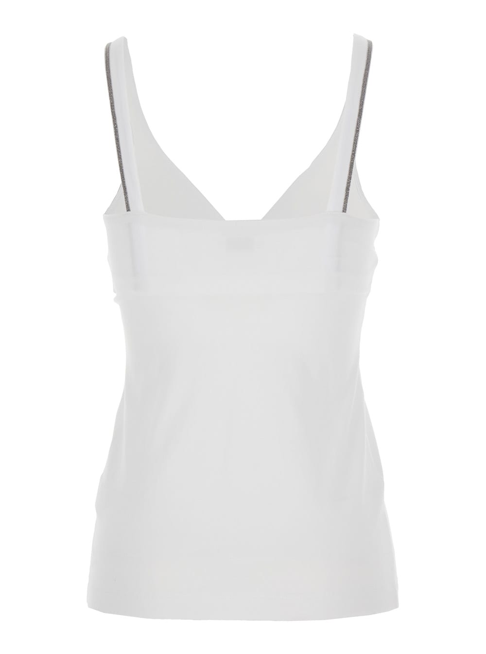 Brunello Cucinelli Women White Sleeveless Top With V Neck And Monil Detail On The Shoulder Straps In