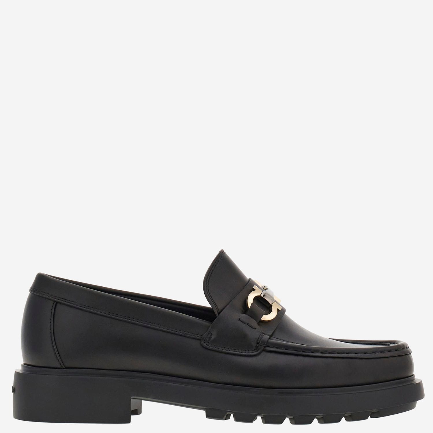 Ferragamo Black Leather Loafers With Gancini Ornament In Black