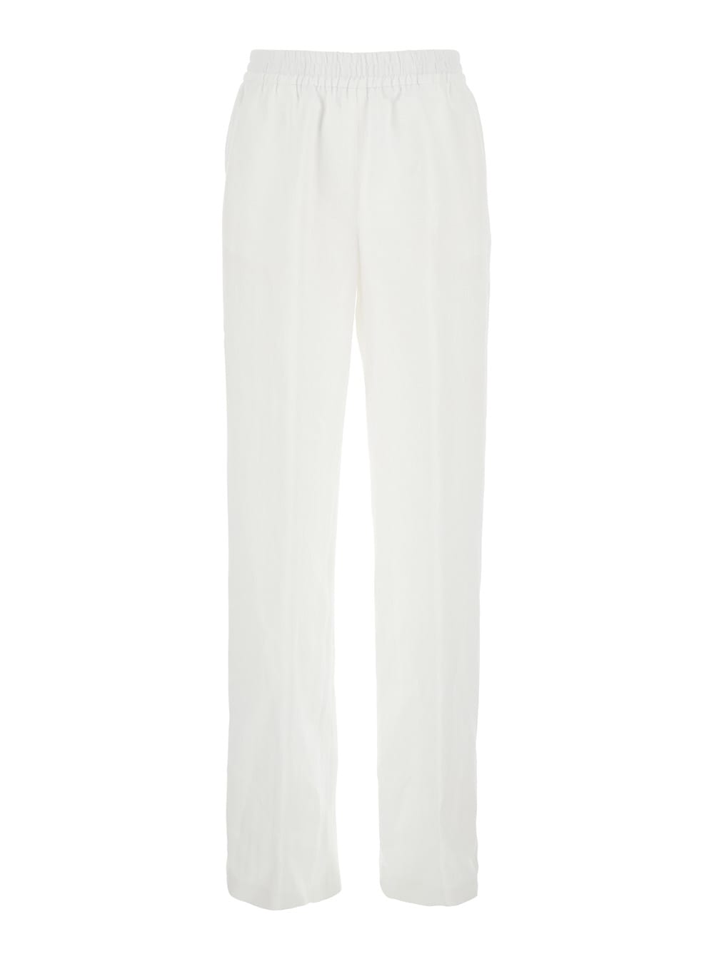 White Pants With Elastic Waist In Linen Woman