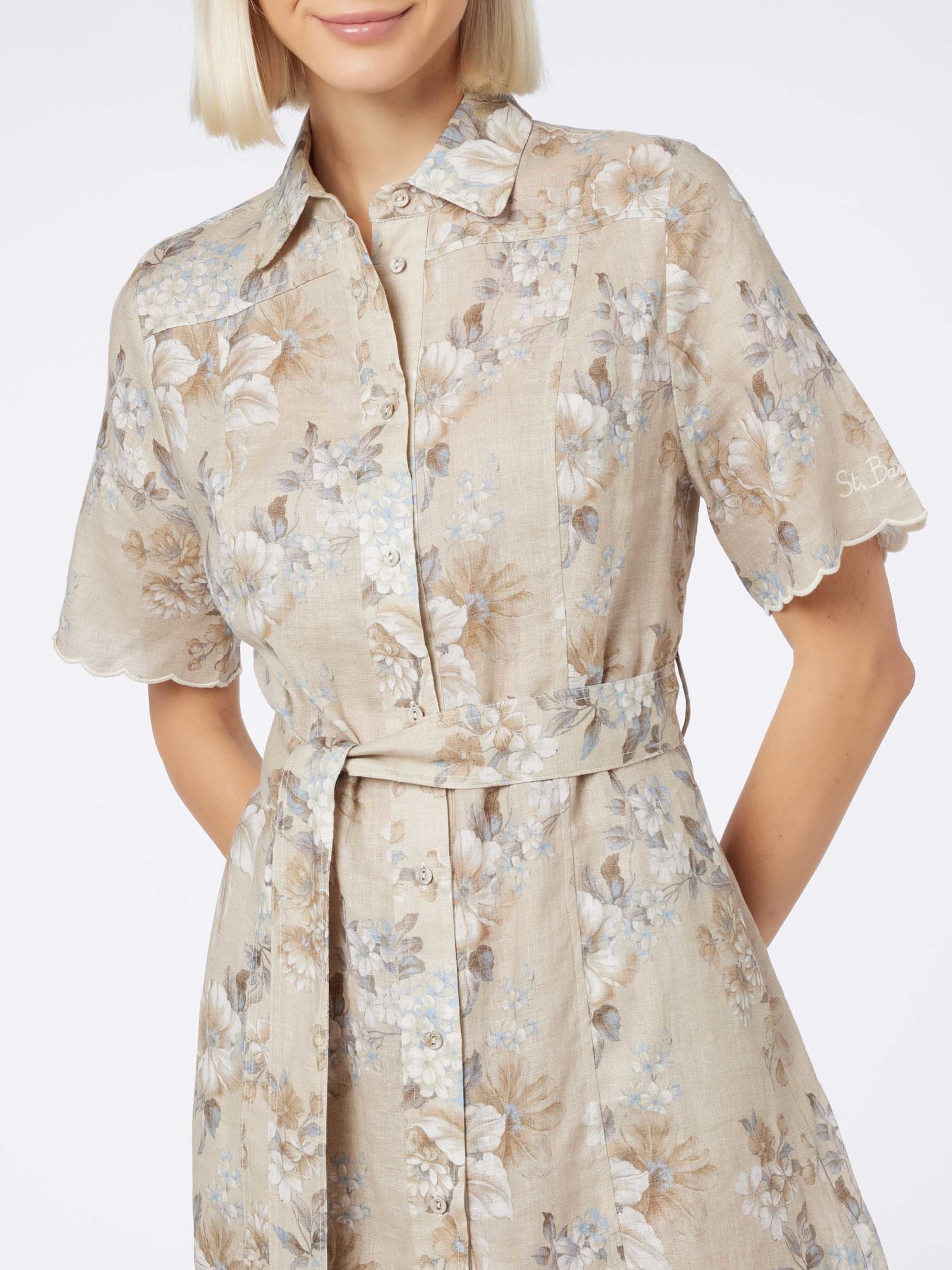 Mc2 Saint Barth Woman Flower Linen Dress Hermione In Beige