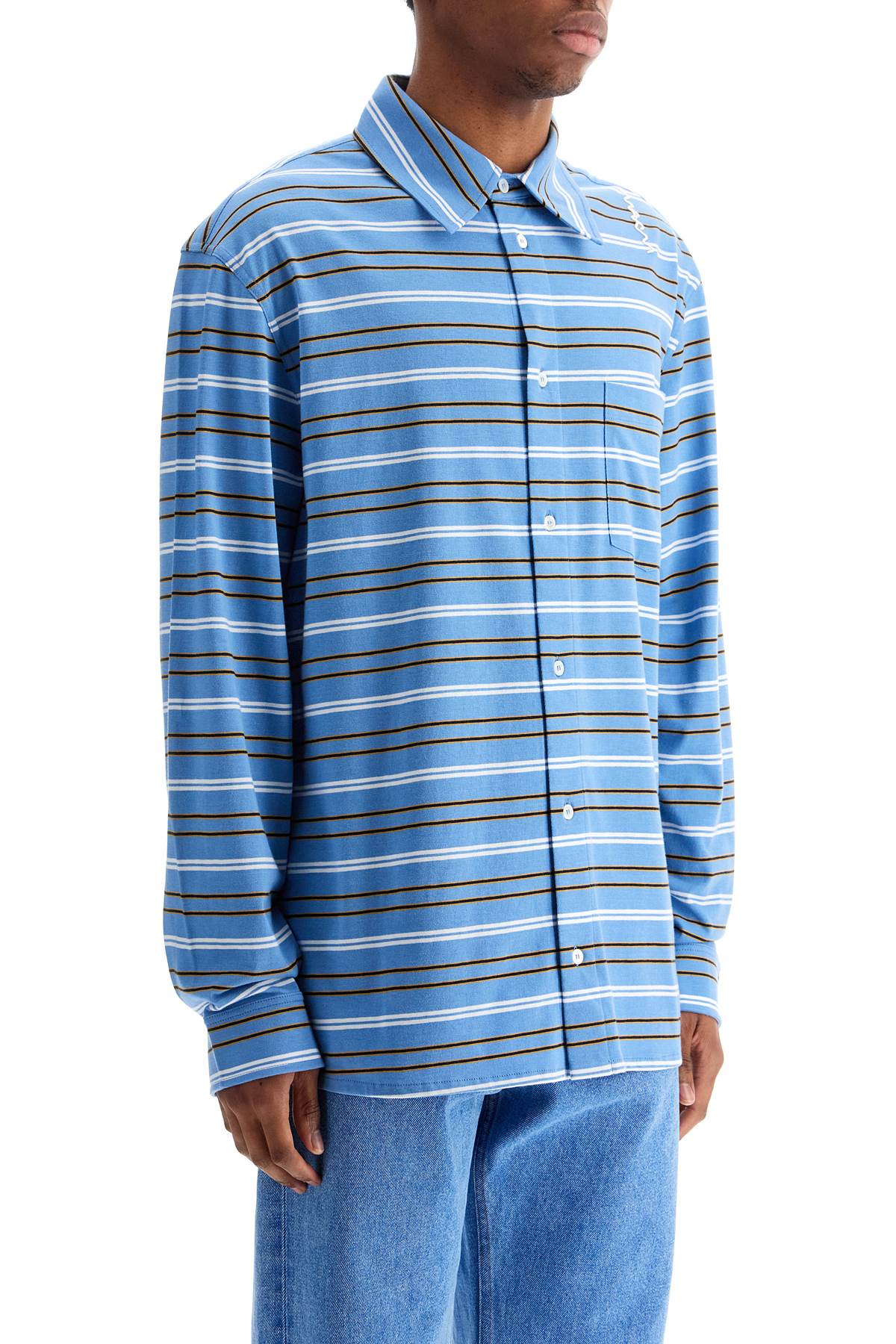 Marni Light Blue Cotton Turtleneck Polo With Horizontal Stripes In Blue Lilac