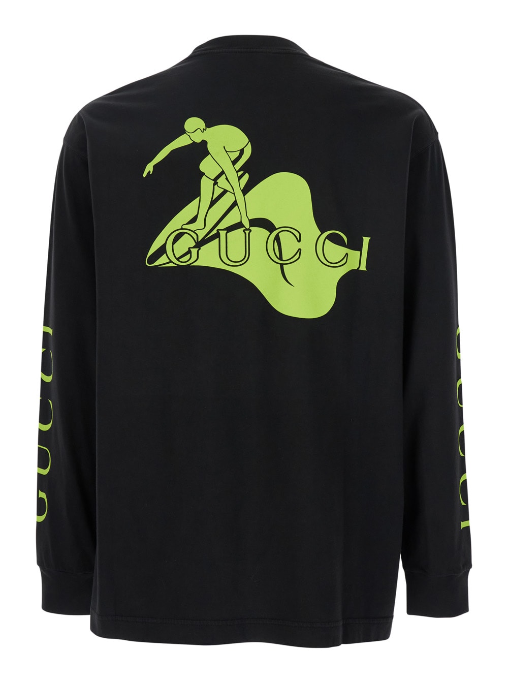 Gucci Black Crewneck T-shirt With All-over Prints And Maxi Logo Lettering On The Sleeves In Cotton M In Black