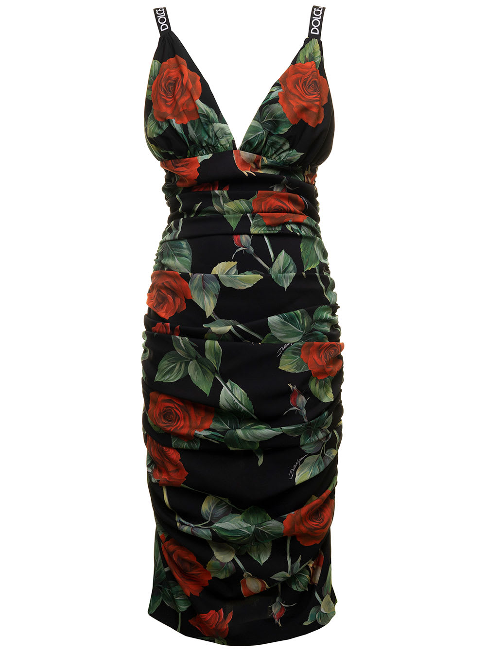 Dolce & Gabbana Black Midi Dress In Charmeuse With Allover Roses Print Woman