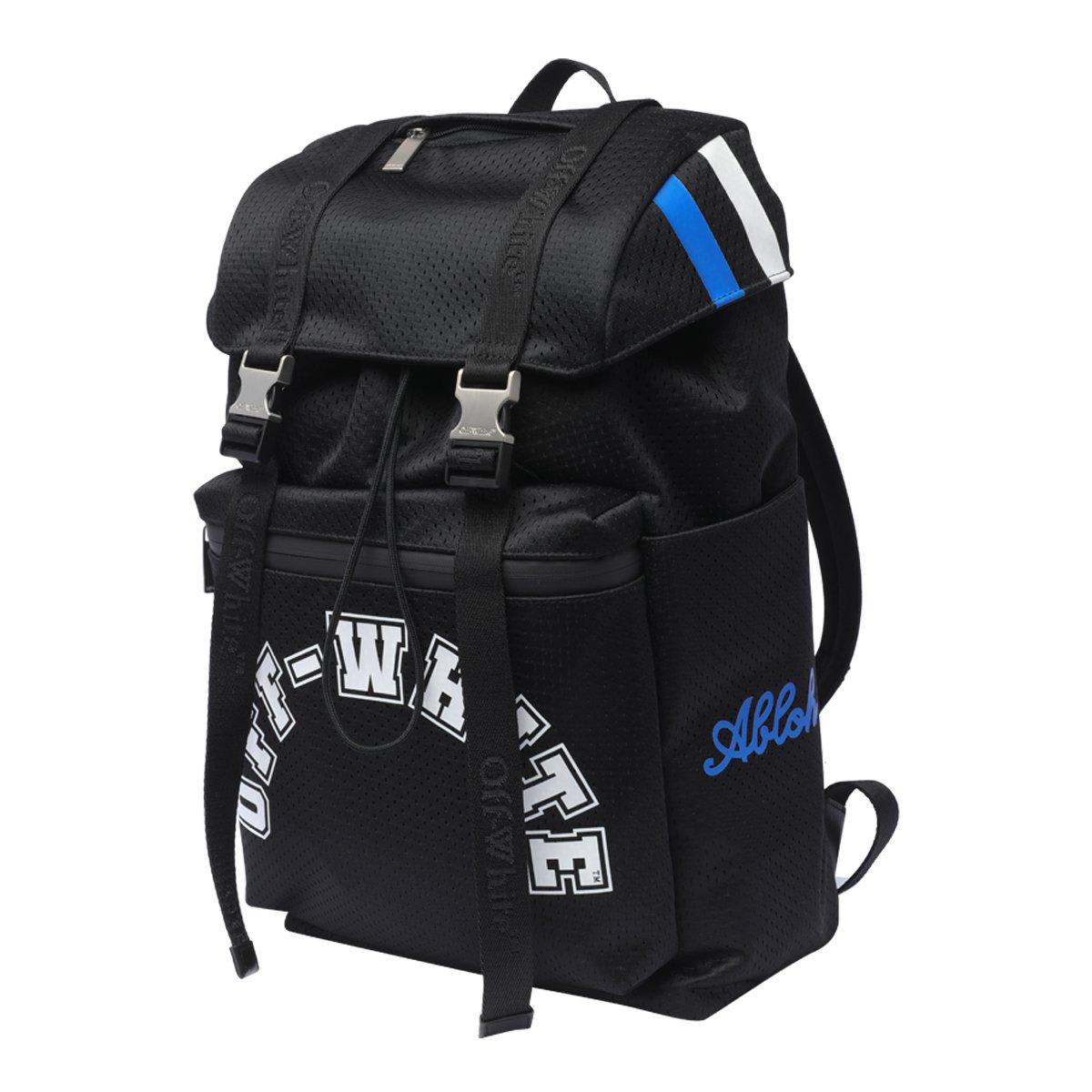 Shop Off-white Logo Printed Buckled Backpack In Black White