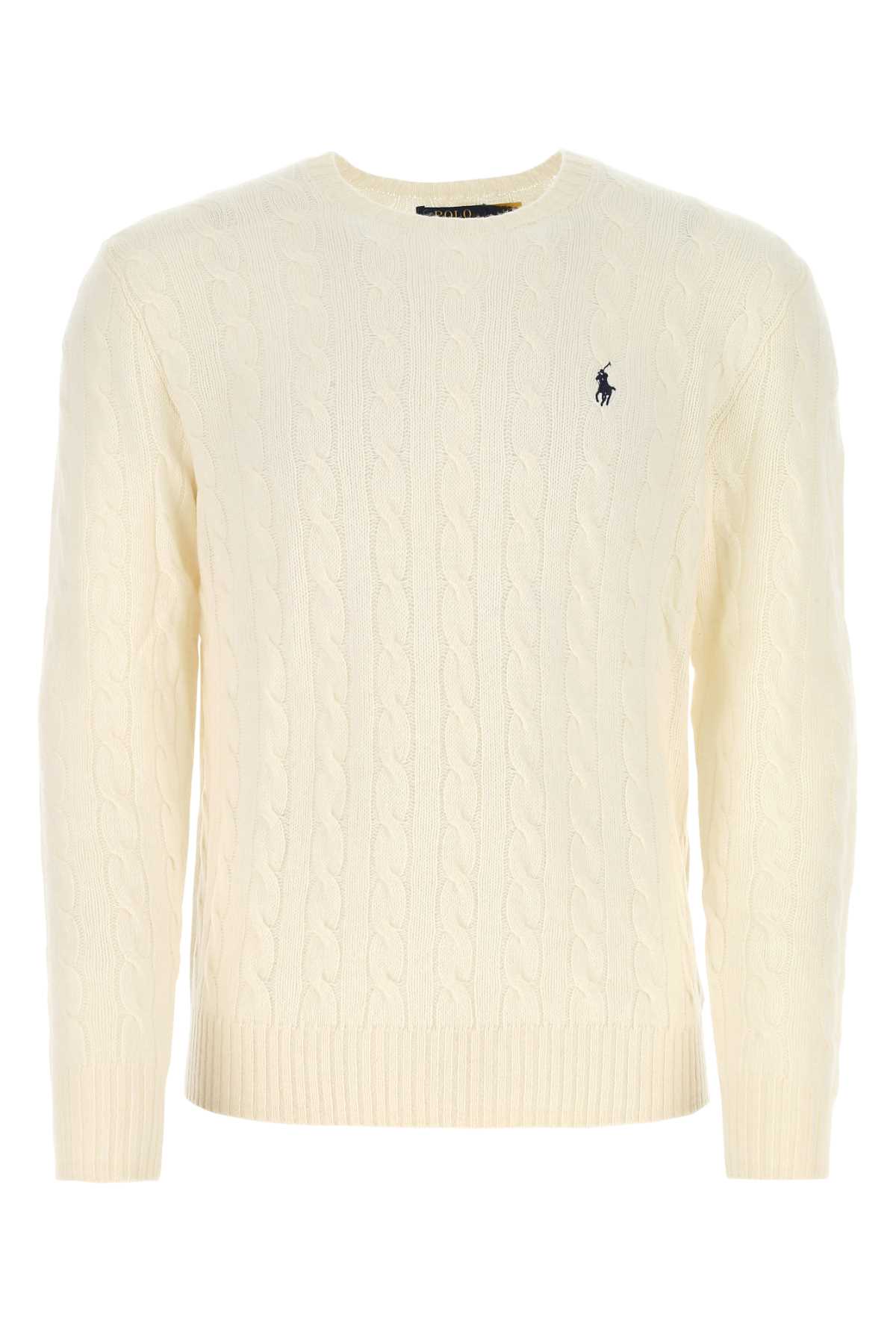 Polo Ralph Lauren White Cable Knit Crewneck Sweater With Pony Embroidery On The Front In Wool And Cashmere Man In Neutral