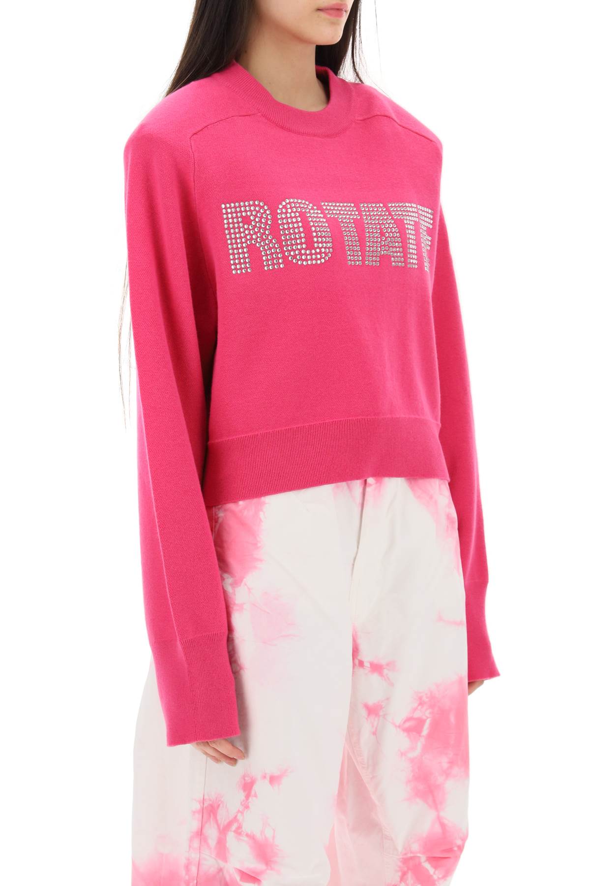 Shop Rotate Birger Christensen Rhinestone Logo Organic Cotton Sweater In Pink Glo (fuchsia)