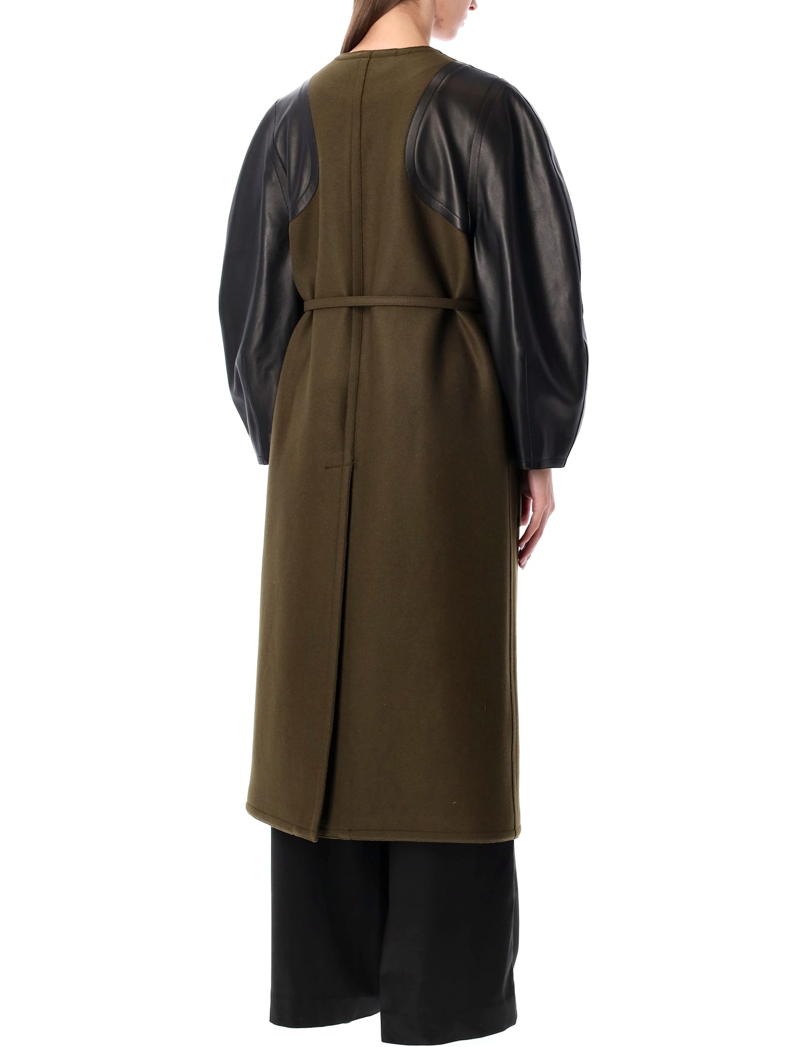 Fendi Green Wool Midi Coat With Leather Sleeves In Green