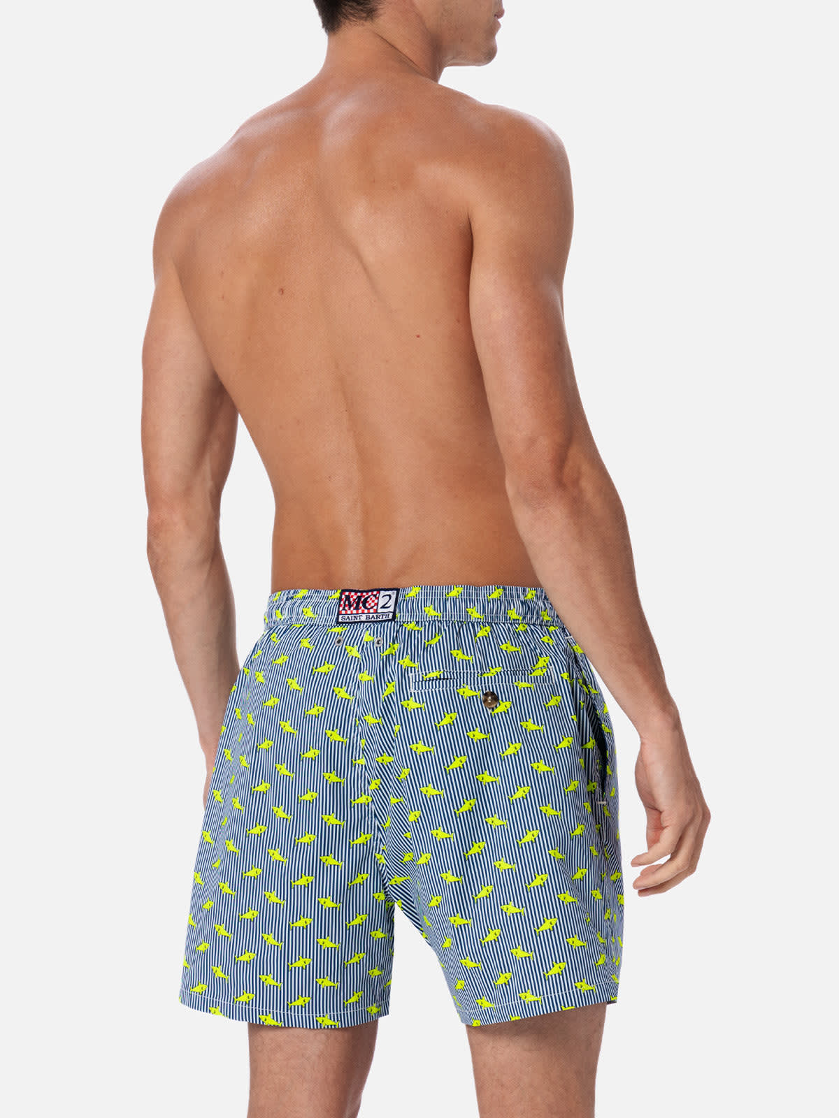 Mc2 Saint Barth Man Comfort Light Swim Shorts With Sharks Print In Blue Navy