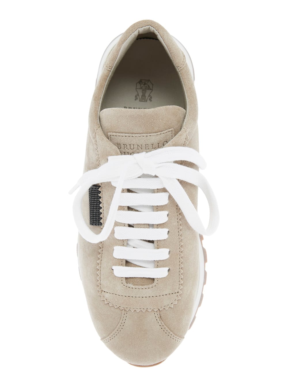 Brunello Cucinelli Beige Low Top Sneakers With Monil Detail On The Side And Embossed Logo Lettering On The Rear In Leat