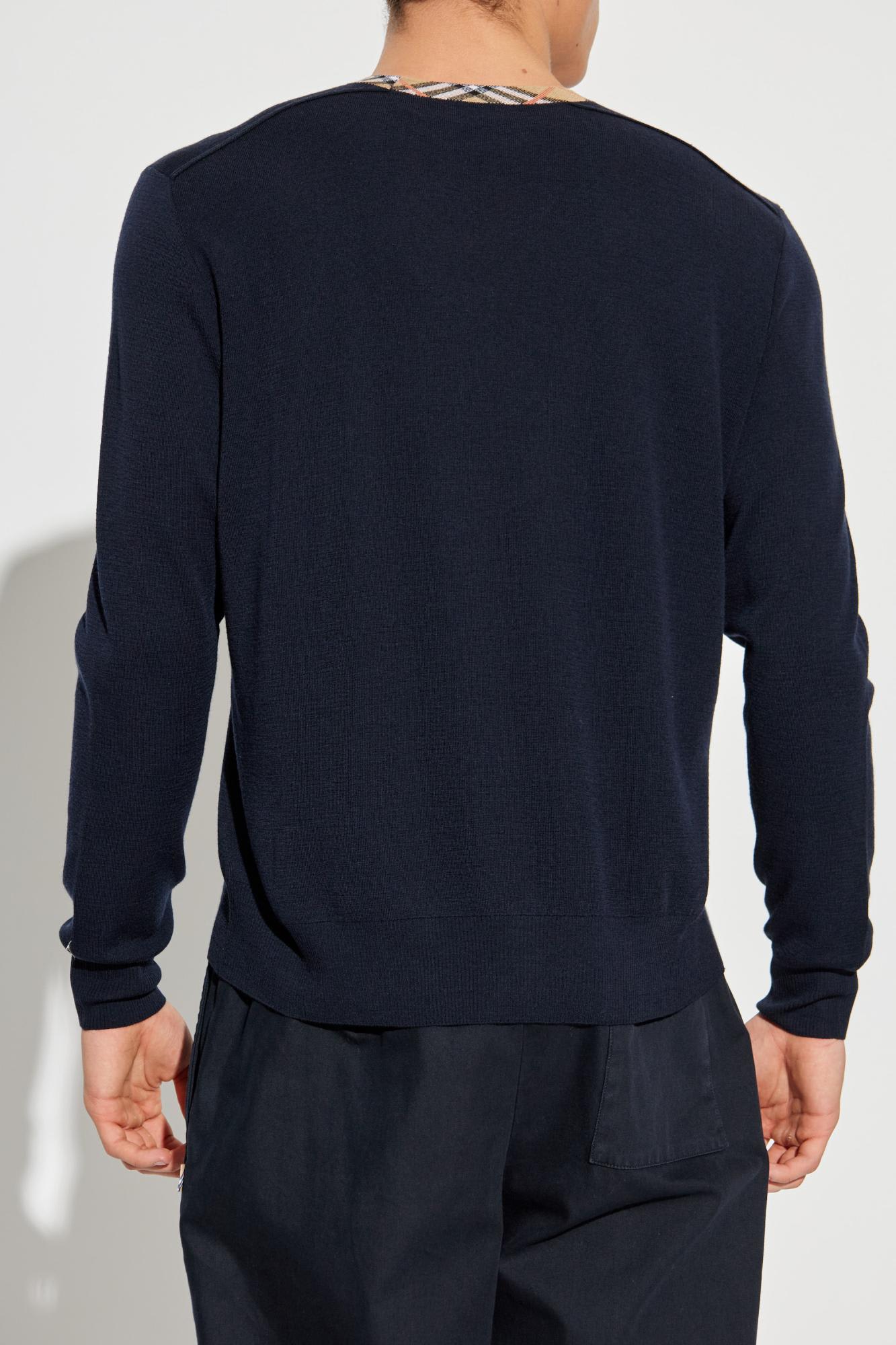 Burberry Crew Neck Knitwear With Distinctive Patterned Collar In Blue