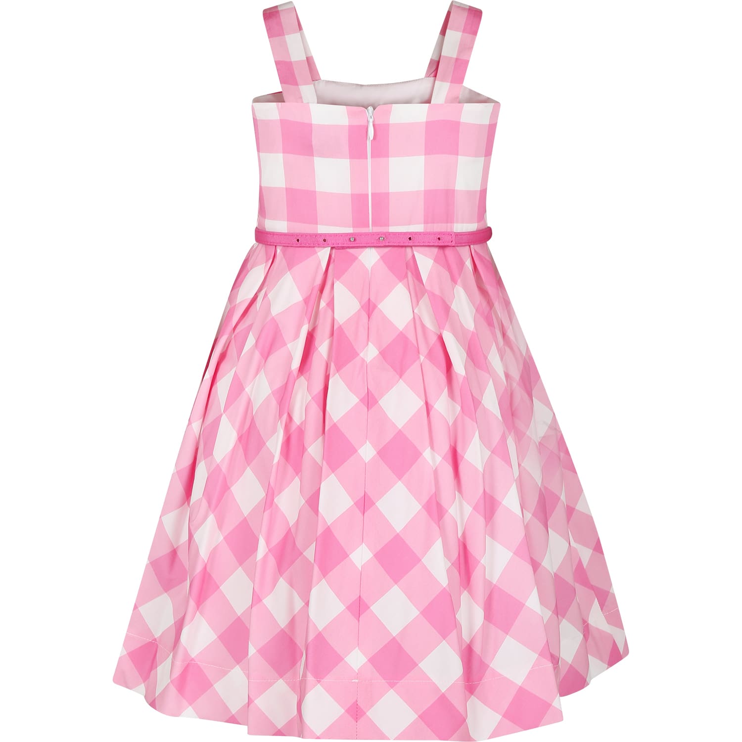 Shop Monnalisa Pink Dress For Girl With Bow And Vichy Print In Fuxia