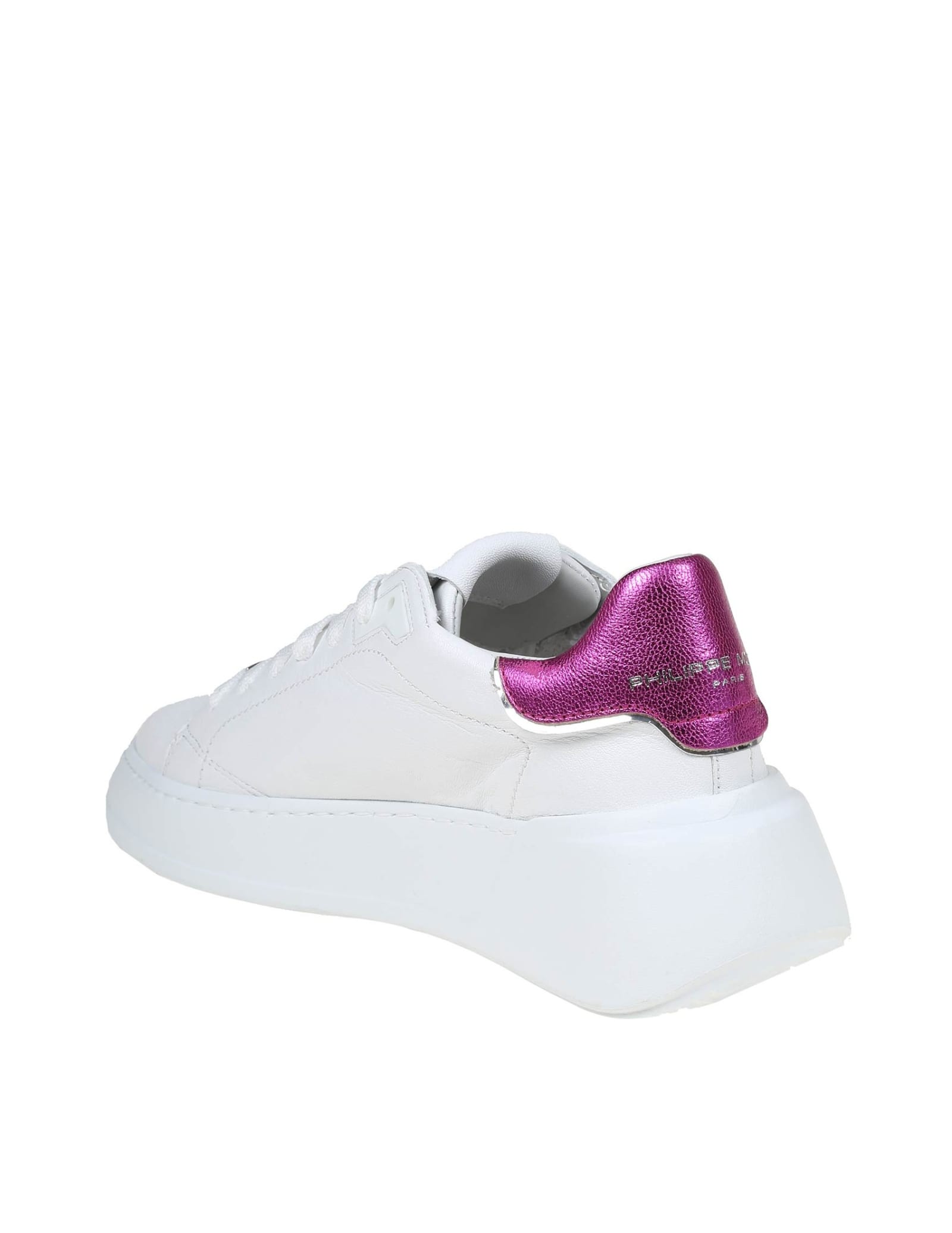 Shop Philippe Model Tres Temple Low In White And Fuchsia Color Leather In Blanc/fucsia
