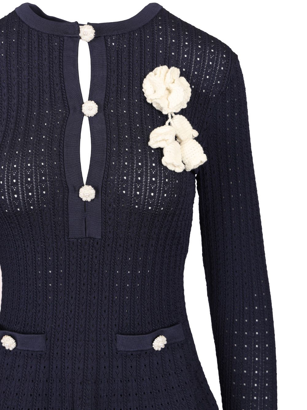 Self-portrait Openwork Knit Mini Dress In Blue