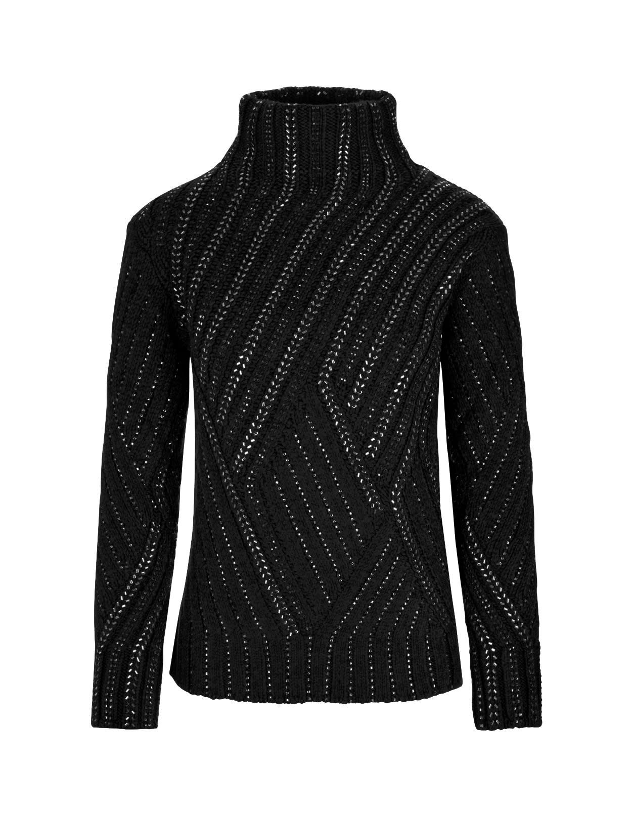 Ermanno Scervino Woman Turtleneck In Black Wool Blend With Crystals