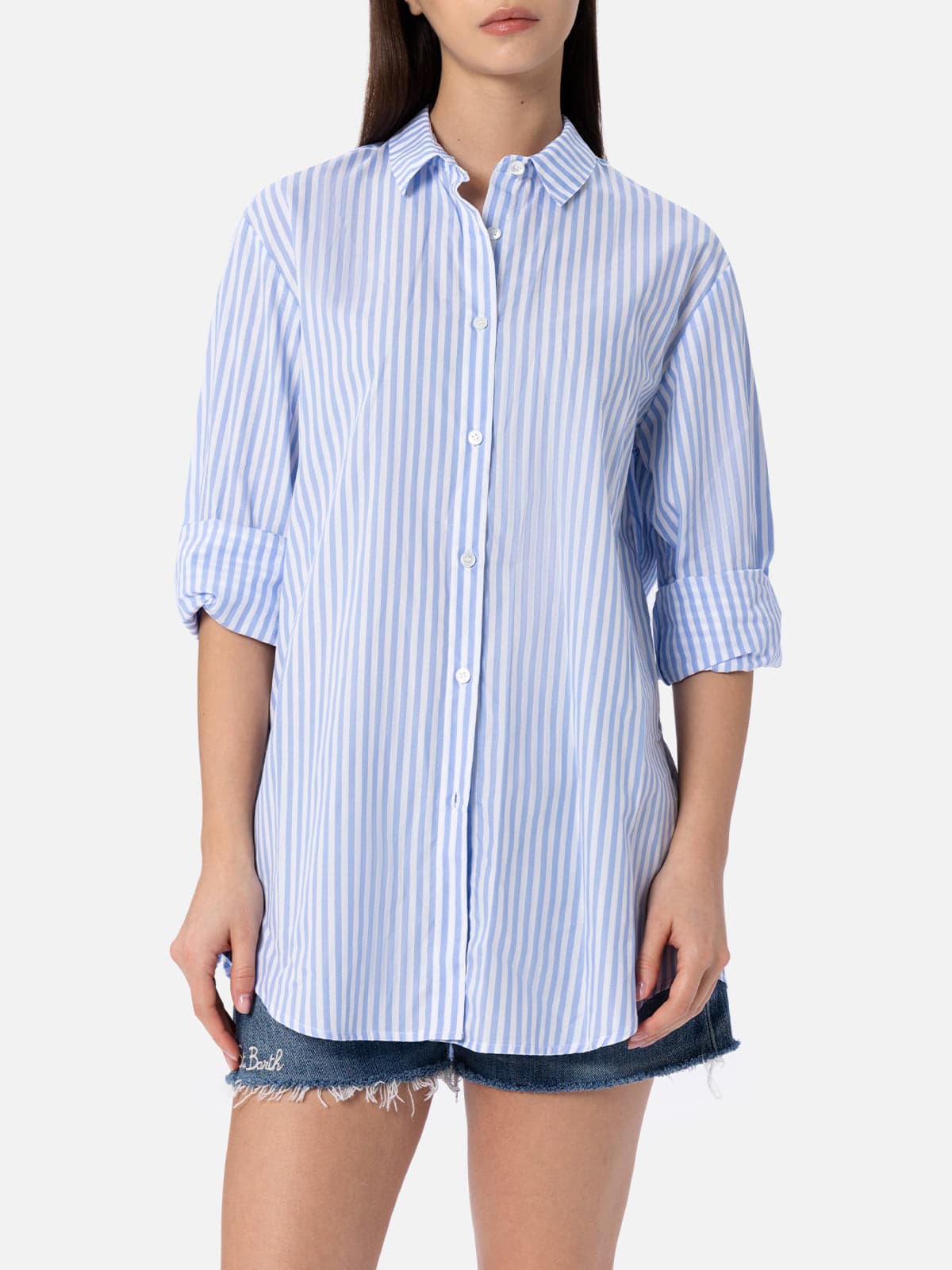 Shop Mc2 Saint Barth Woman Cotton Shirt Brigitte With Light Blue Striped Print In Sky