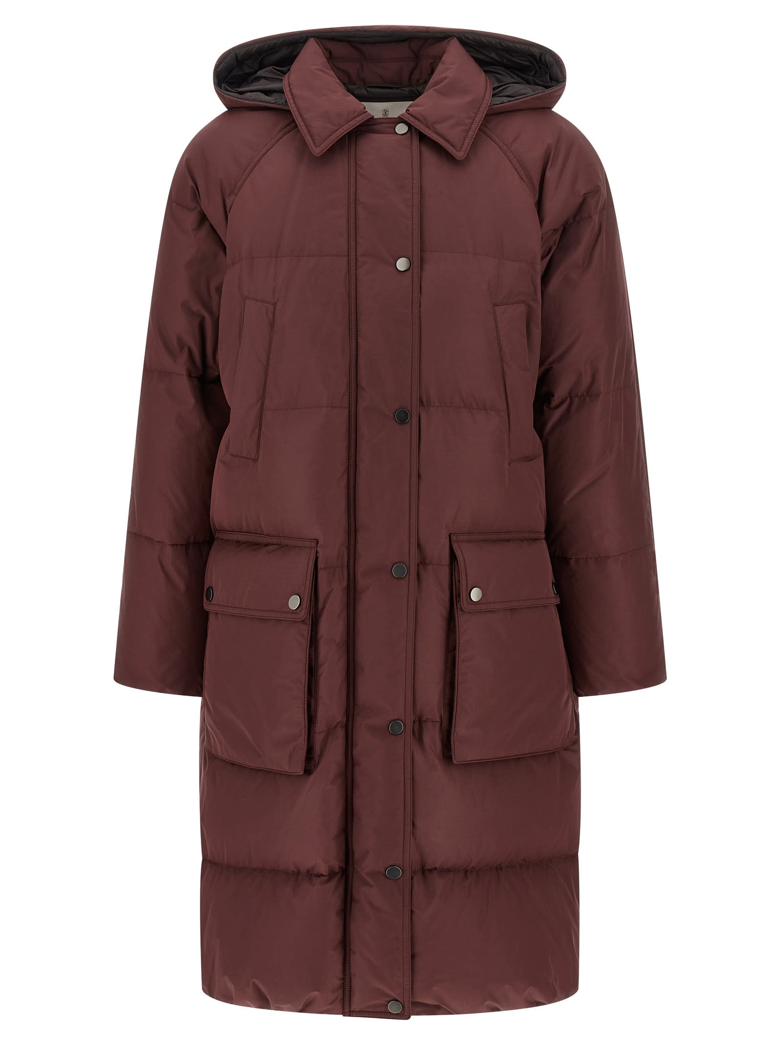 Brunello Cucinelli Shiny Zipper Pull Puffer Jackets Bordeaux In Brown