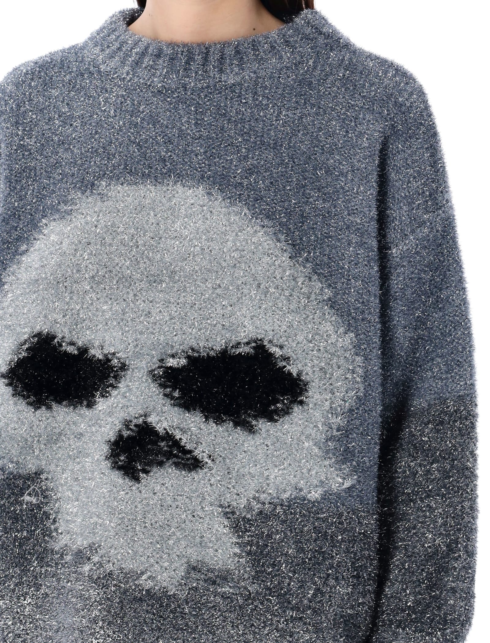 Shop Erl Glitter Skull Intarsia Sweater In Silver