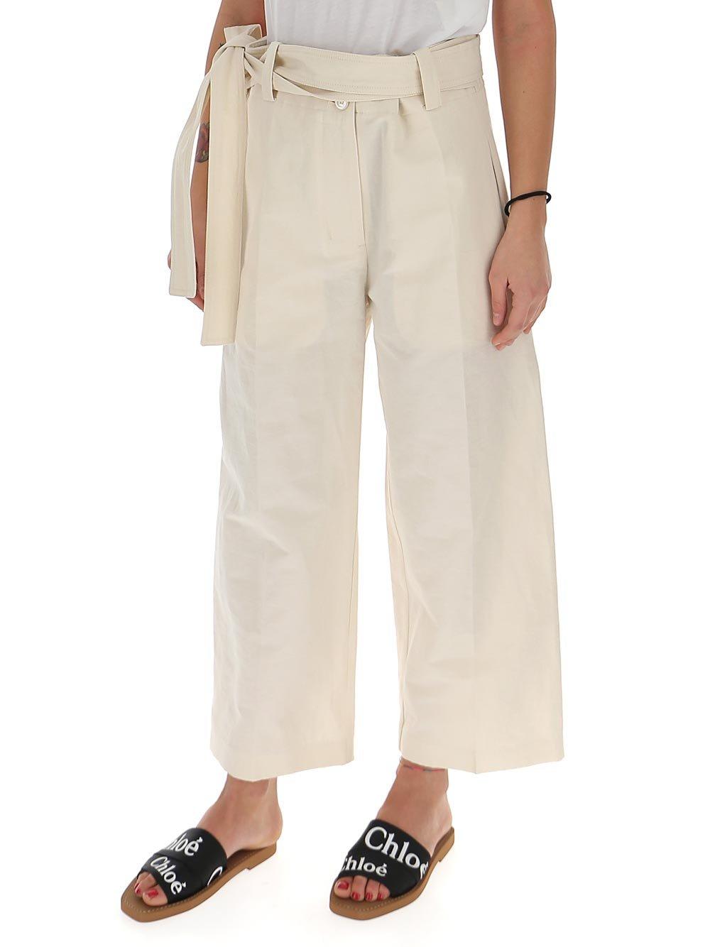 Shop Moncler 1952 Tie Belt Wide Leg Pants In Beige