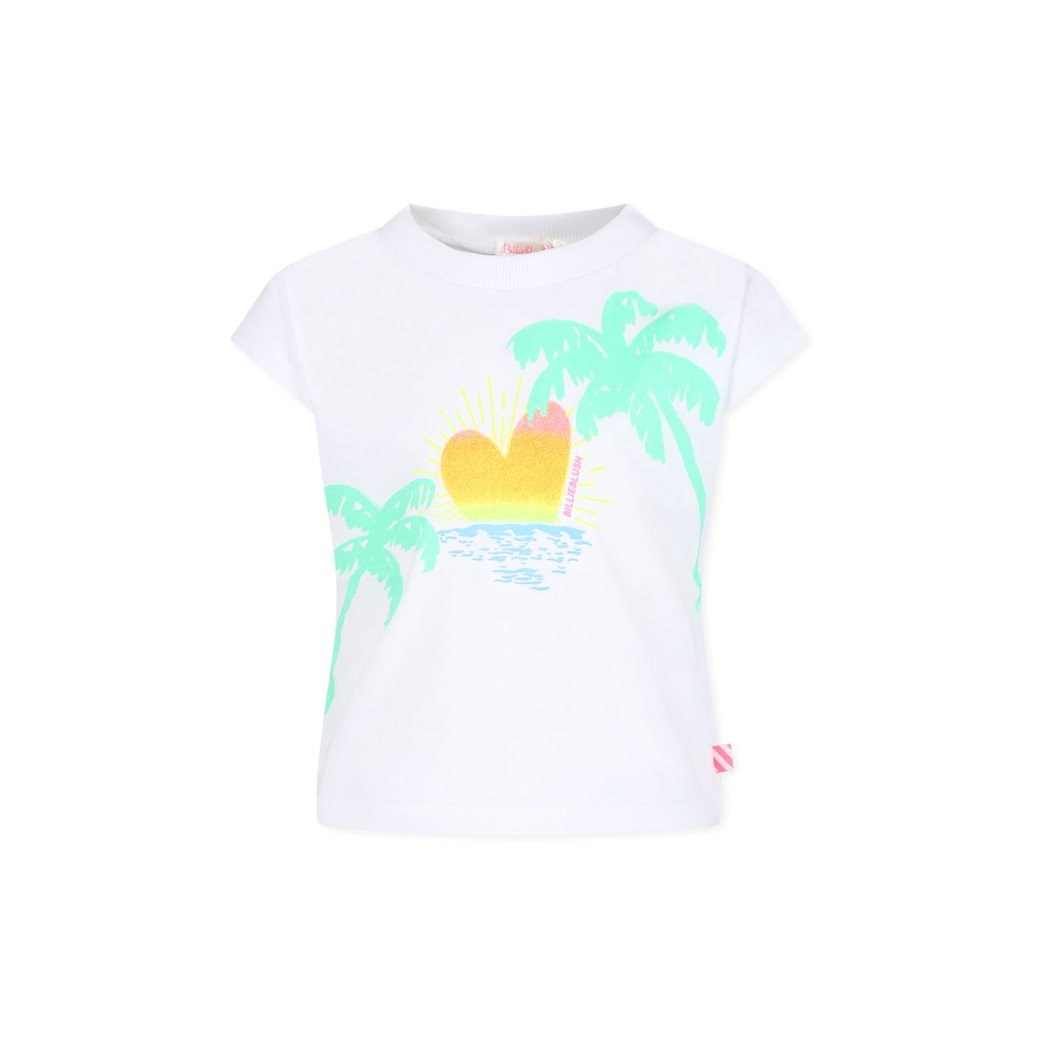 Billieblush White T-shir For Girl With Heart And Palm Tree Print In White