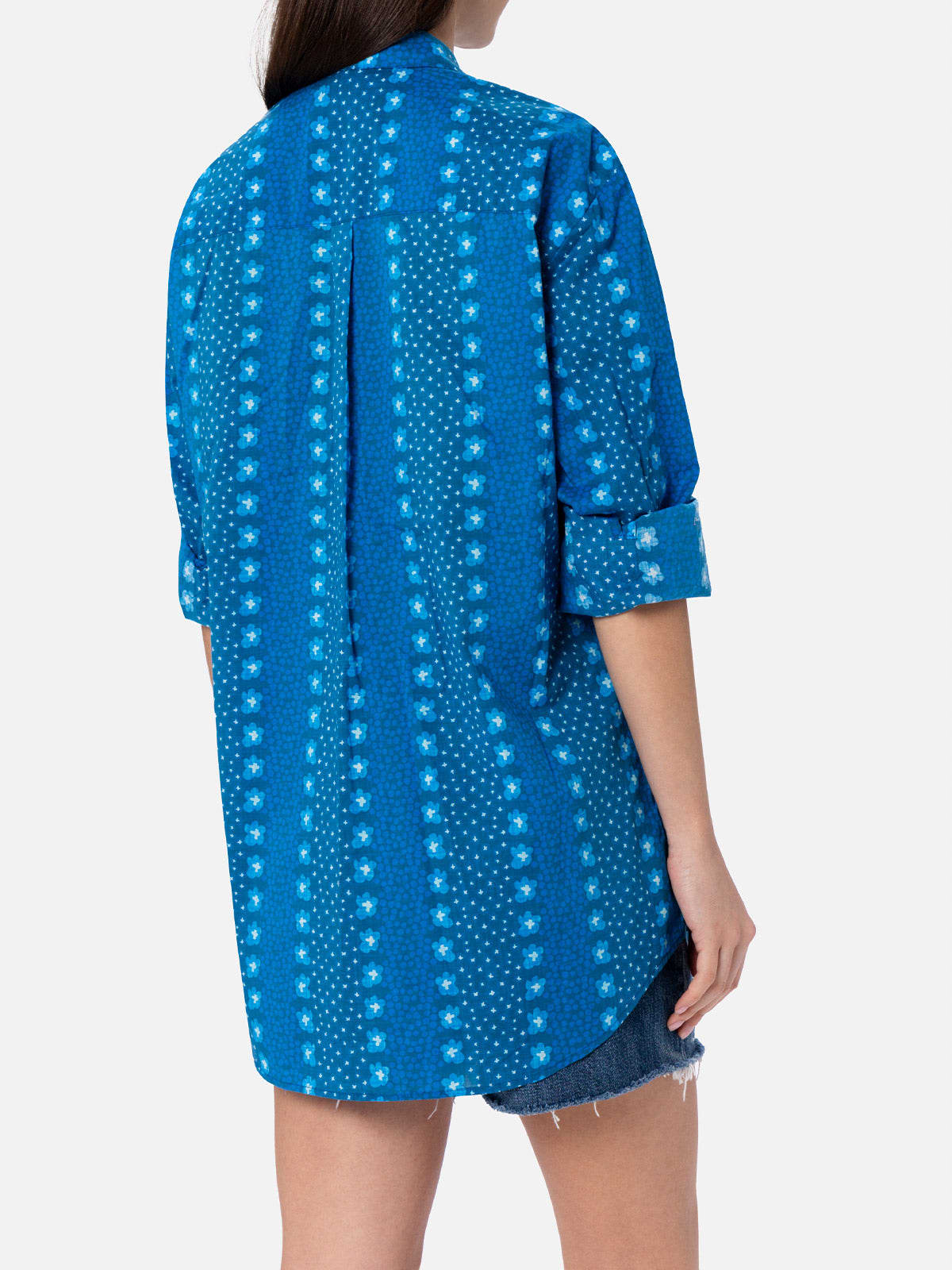 Shop Mc2 Saint Barth Woman Cotton Shirt Brigitte With Indigo Flower Print In Blue