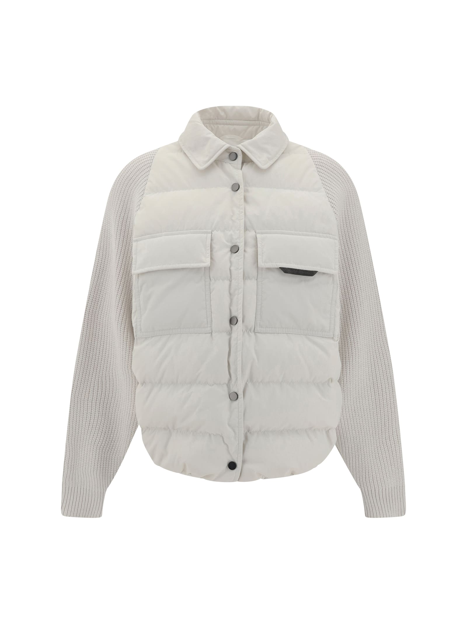 Brunello Cucinelli Two-material Down Jacket With Shiny Flap Detail In White