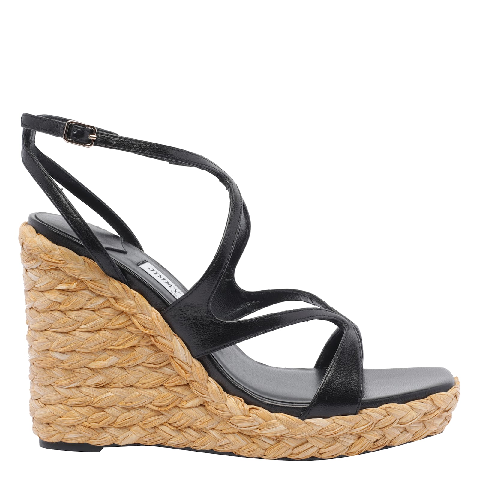 Jimmy Choo Ayla 85 Nappa Leather And Raffia Wedge Sandals In Black