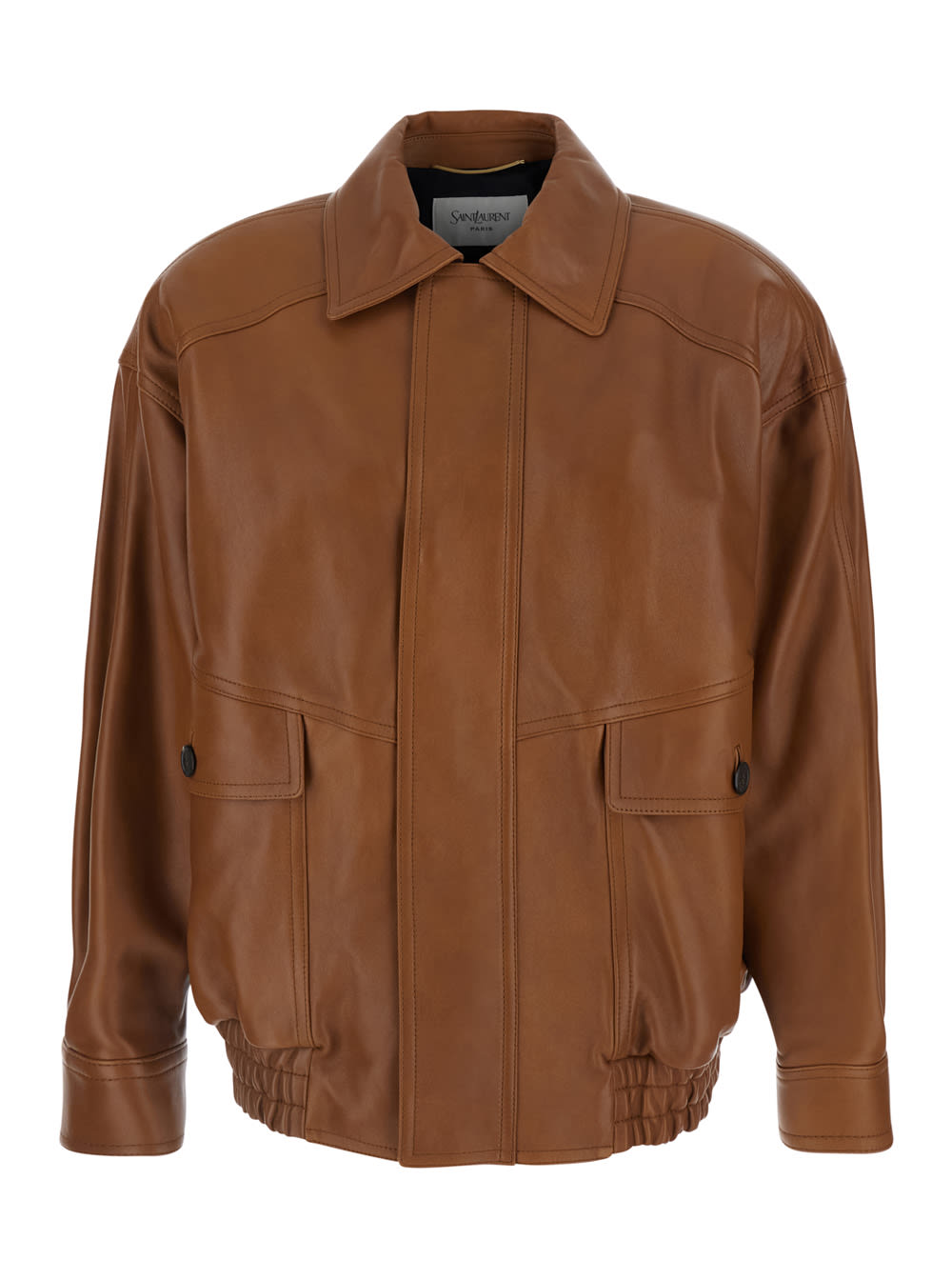 Saint Laurent Blouson Ample Poches A Larges Rabat Agneau Toucher In Brown