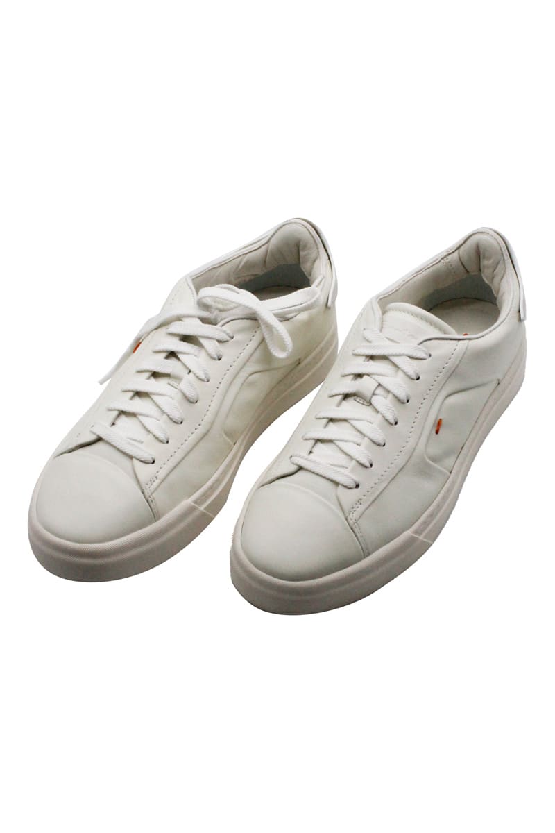 Santoni Super Soft Leather Sneaker With Logoed Leather Patch On The Tongue And Heel