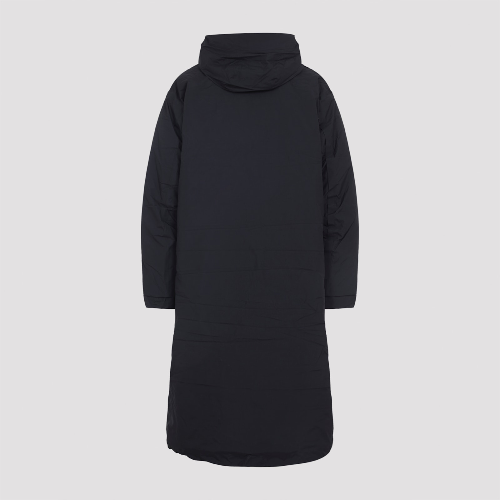 Y-3 Minimalist Black Long Coat With Flap Pockets And Hood In Black