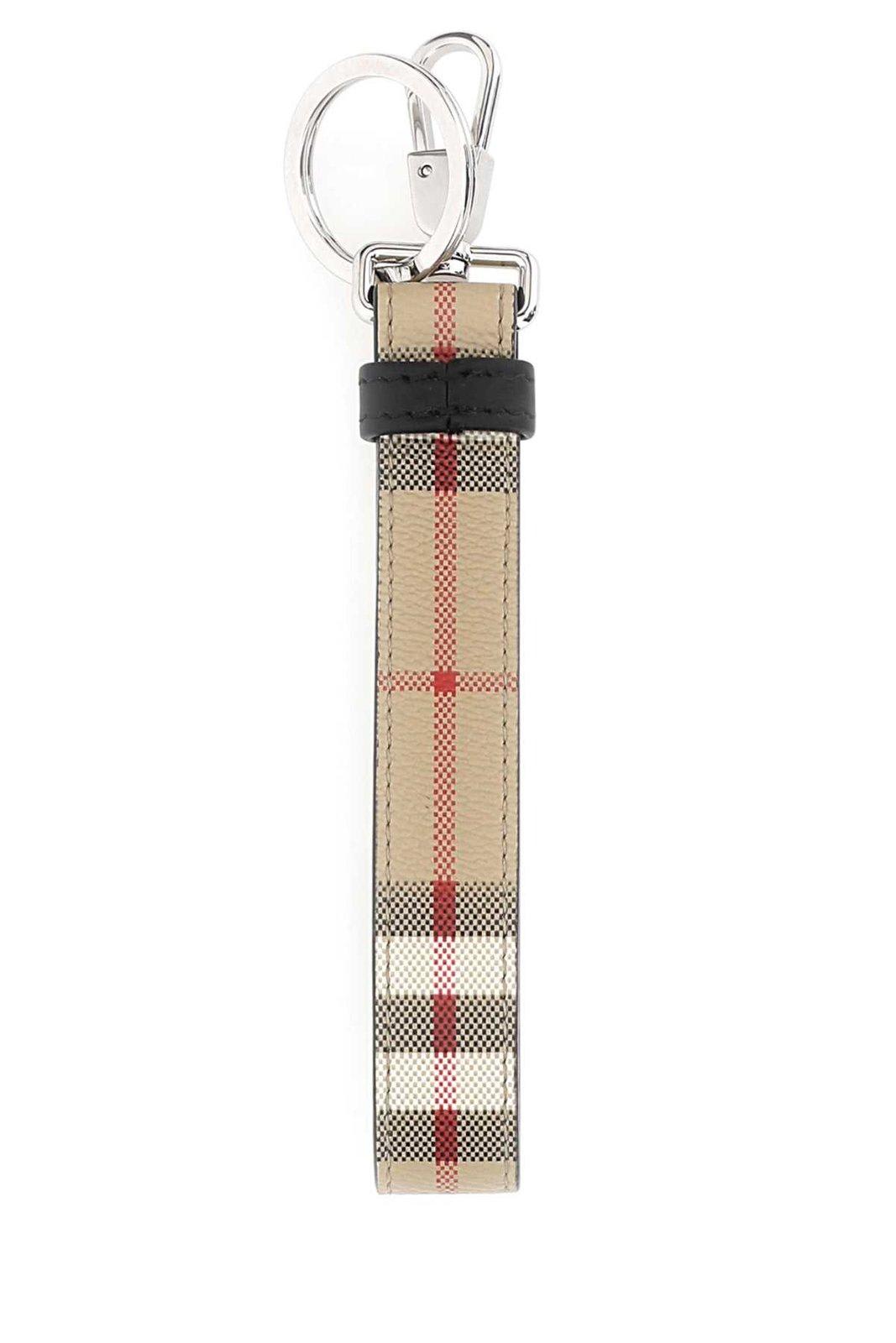 Shop Burberry Tb Monogram Plaque Checked Keyring In Neutrals