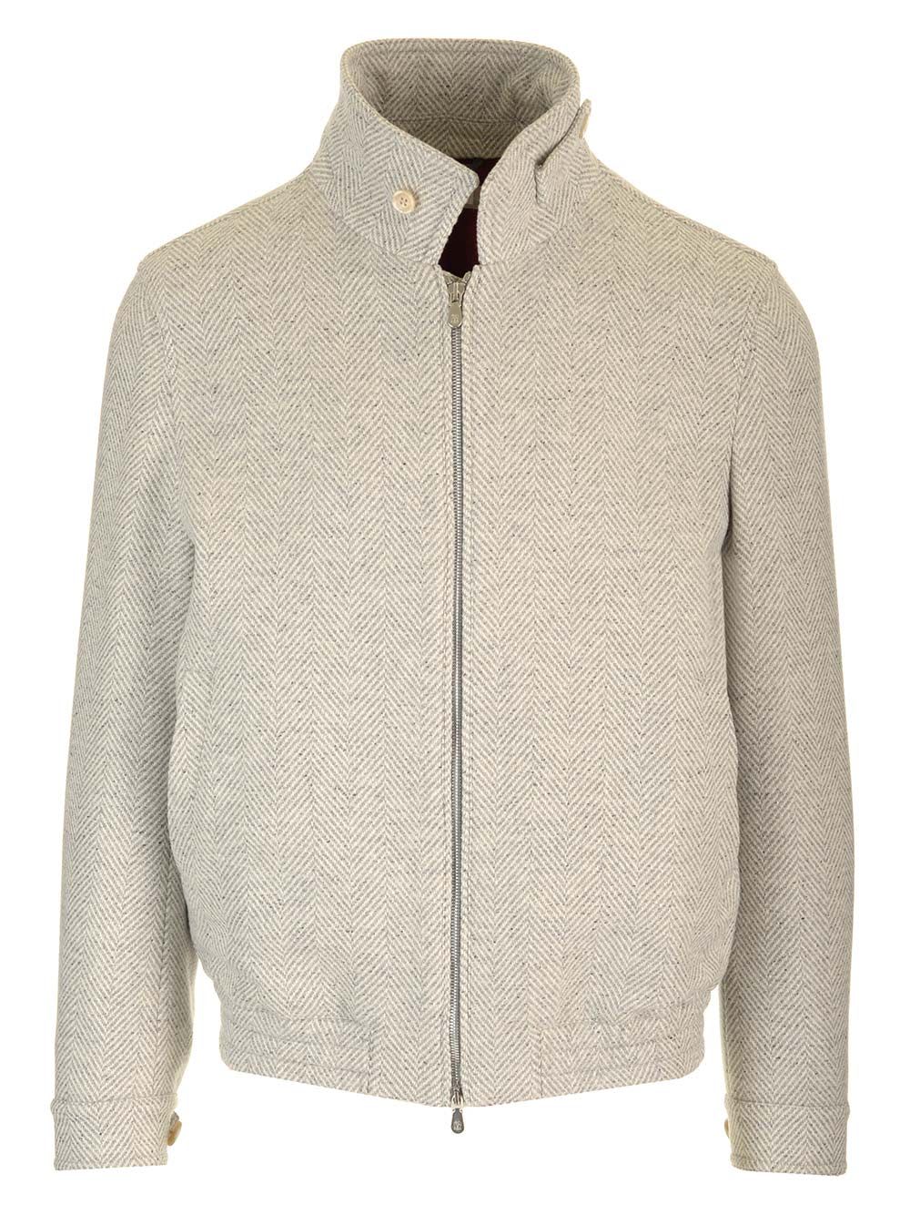 Shop Brunello Cucinelli Bomber Jacket In Wool, Silk And Cashmere Chevron In Grey