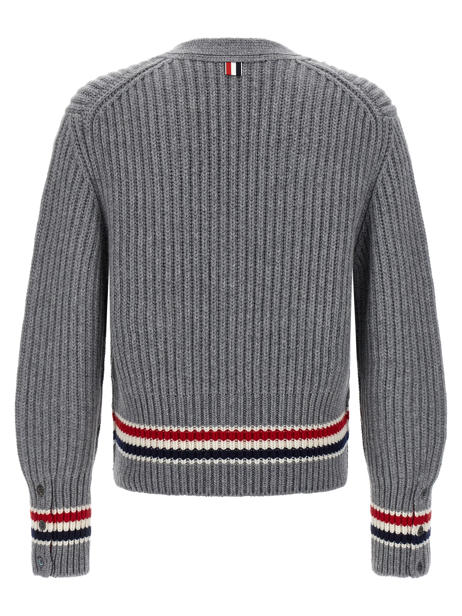 Thom Browne Striped V-neck Cardigan Front Pockets In Gray