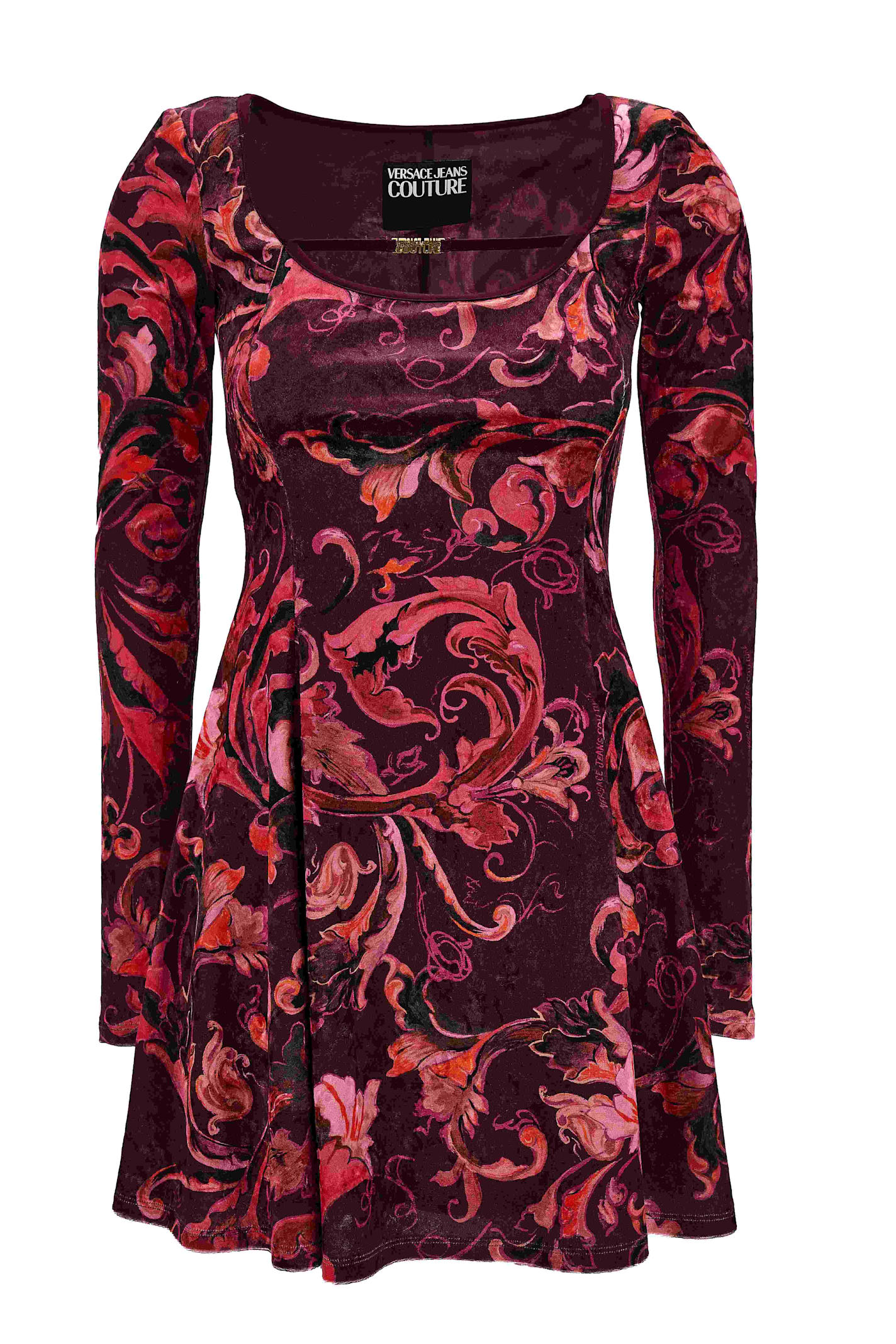 Versace Jeans Couture Red Baroque-print Long-sleeve Mini Dress In Burgundy