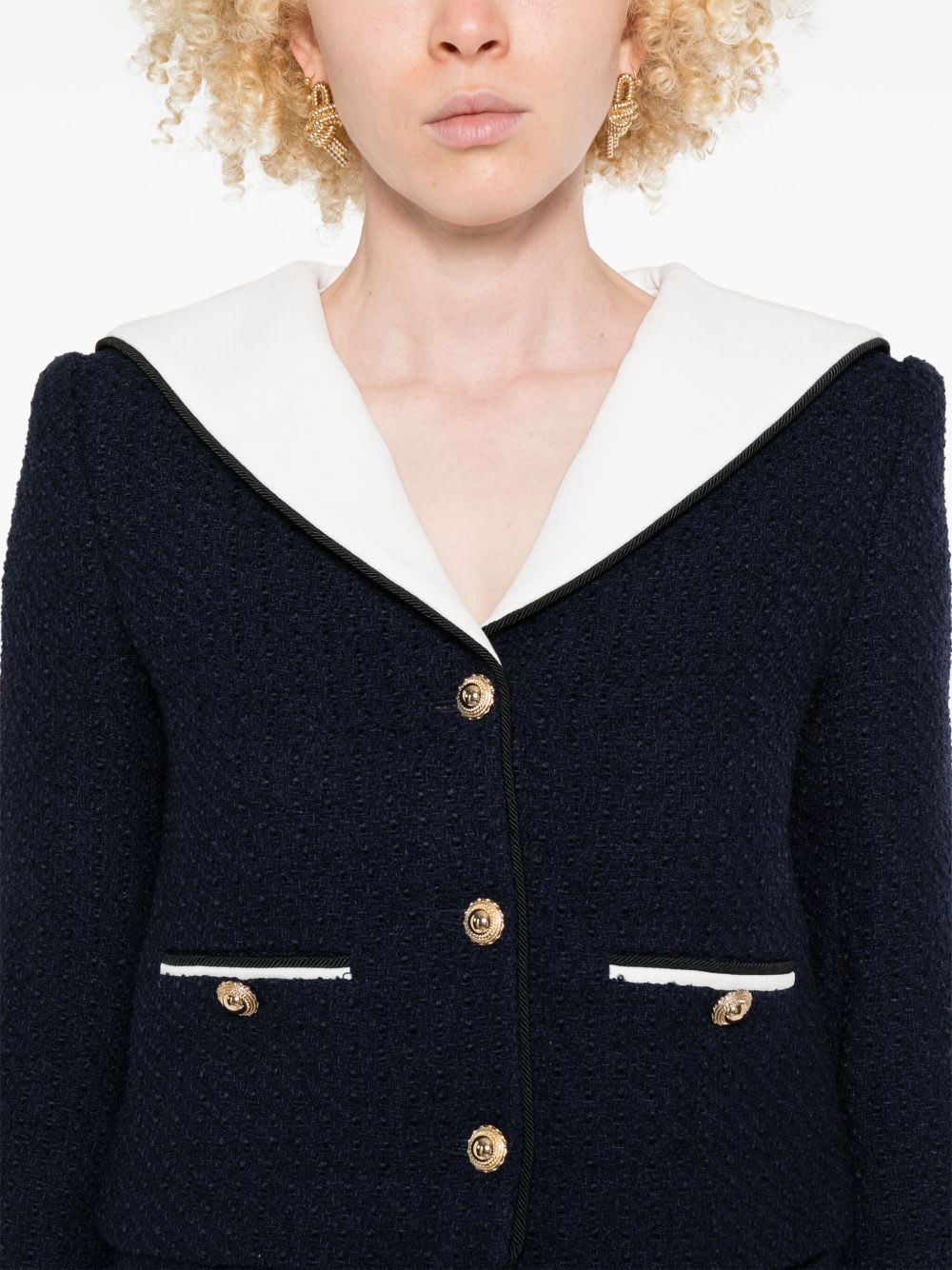 Self-portrait Boucle Jacket With Contrasting Neckline In Blue