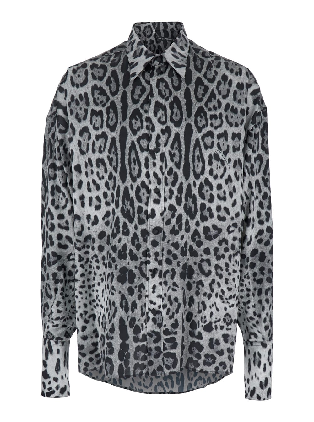 Shop Dolce & Gabbana Grey Shirt With Leopard Print All-over And Logo Lettering In Silk Man