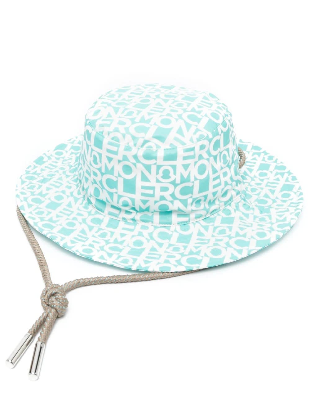 Moncler Tema 3 Allover Logo Bucket Hat In <p> Women's Boater Hat Made Of Mint Green Nylon With All-over Printed White Lettering Logo.