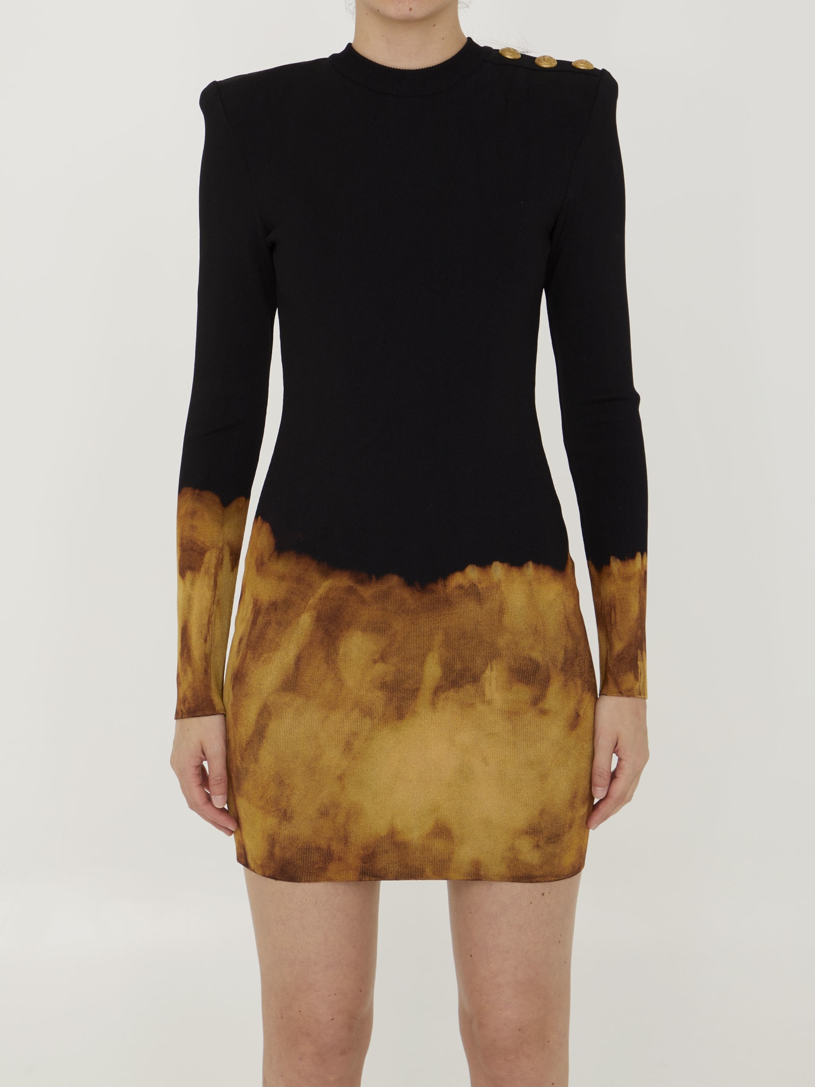 Balmain Fire Button-shoulder Knit Mini Dress In Black/brown