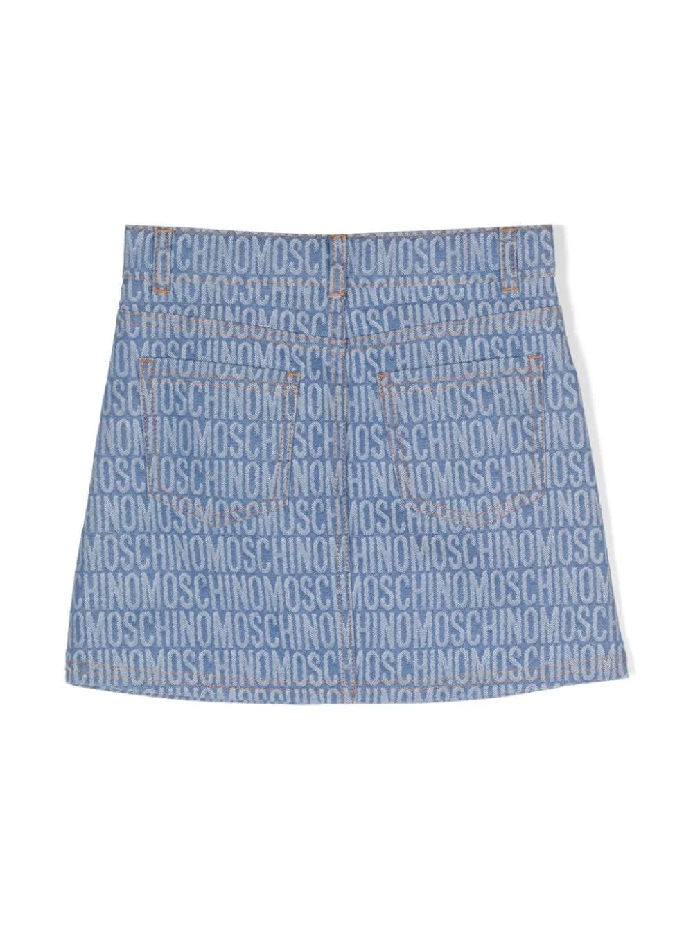 Shop Moschino Blue Denim Mini Skirt With All-over Logo