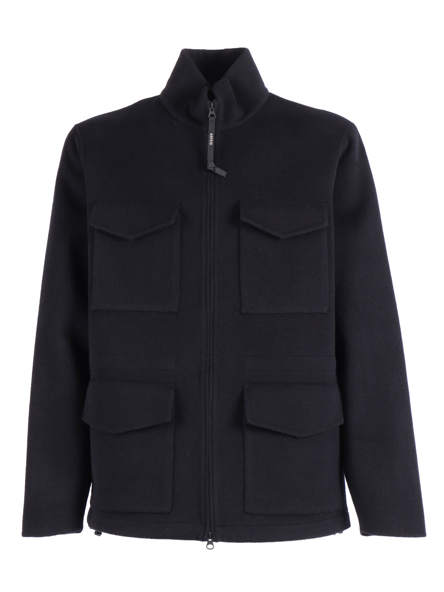Aspesi Structured Front Zipper Jacket With Stand Collar In Black