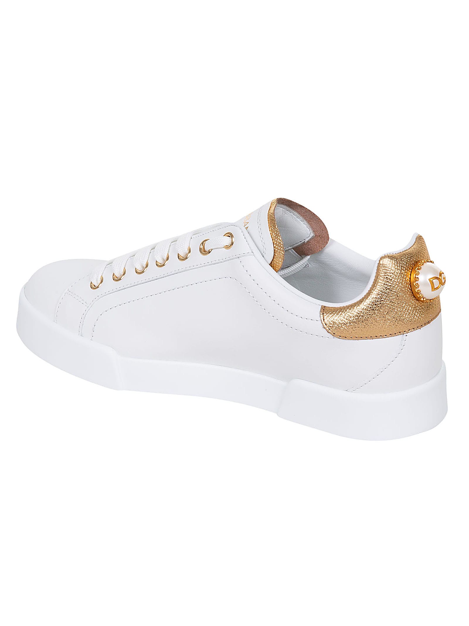 Shop Dolce & Gabbana White Pearl Embellished Leather Sneakers In White/gold
