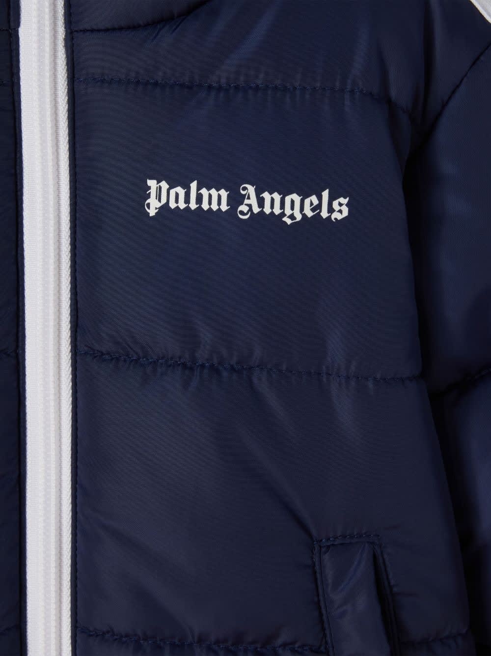 Shop Palm Angels Blue Puffer Jacket With Logo