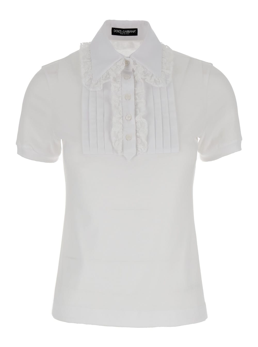 Shop Dolce & Gabbana White Polo Shirt With Pleated Plastron In Cotton Blend Woman In Bianco