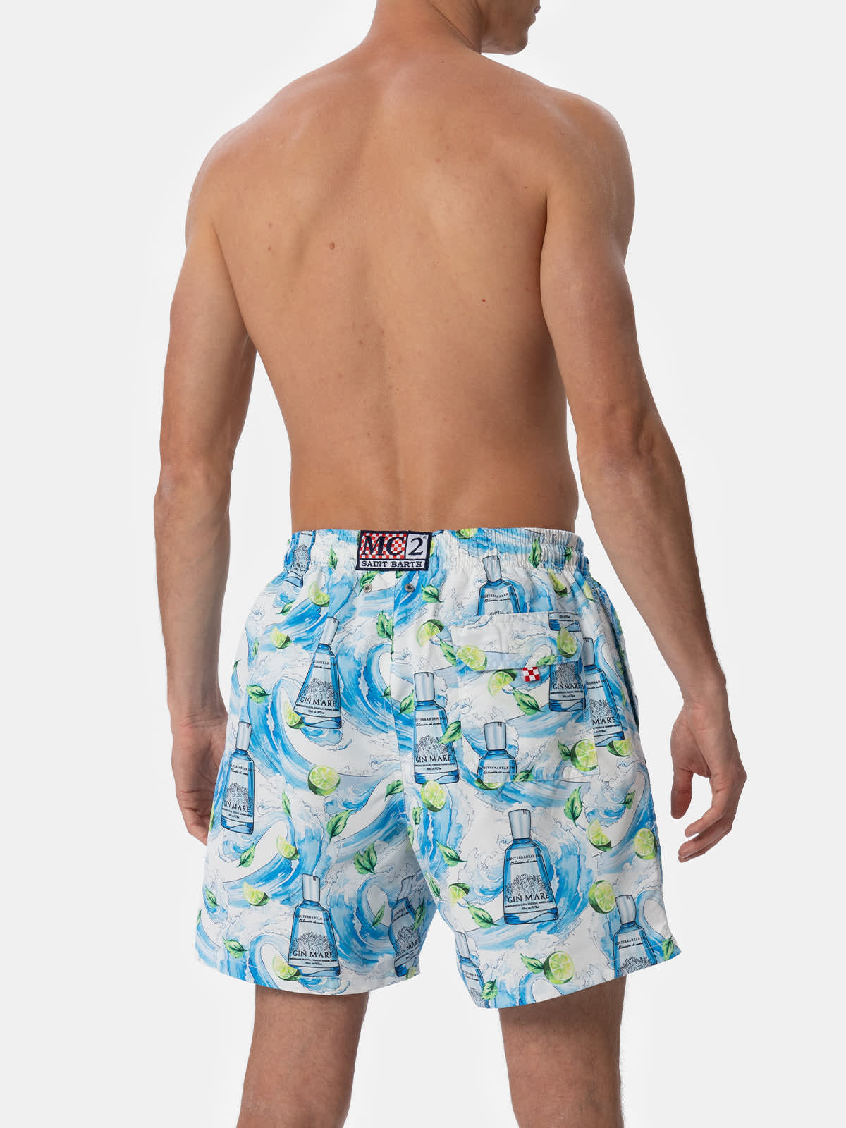 MC2 SAINT BARTH MAN MID-LENGTH STRIPED GUSTAVIA SWIM-SHORTS WITH GIN PRINT GIN MARE SPECIAL EDITION